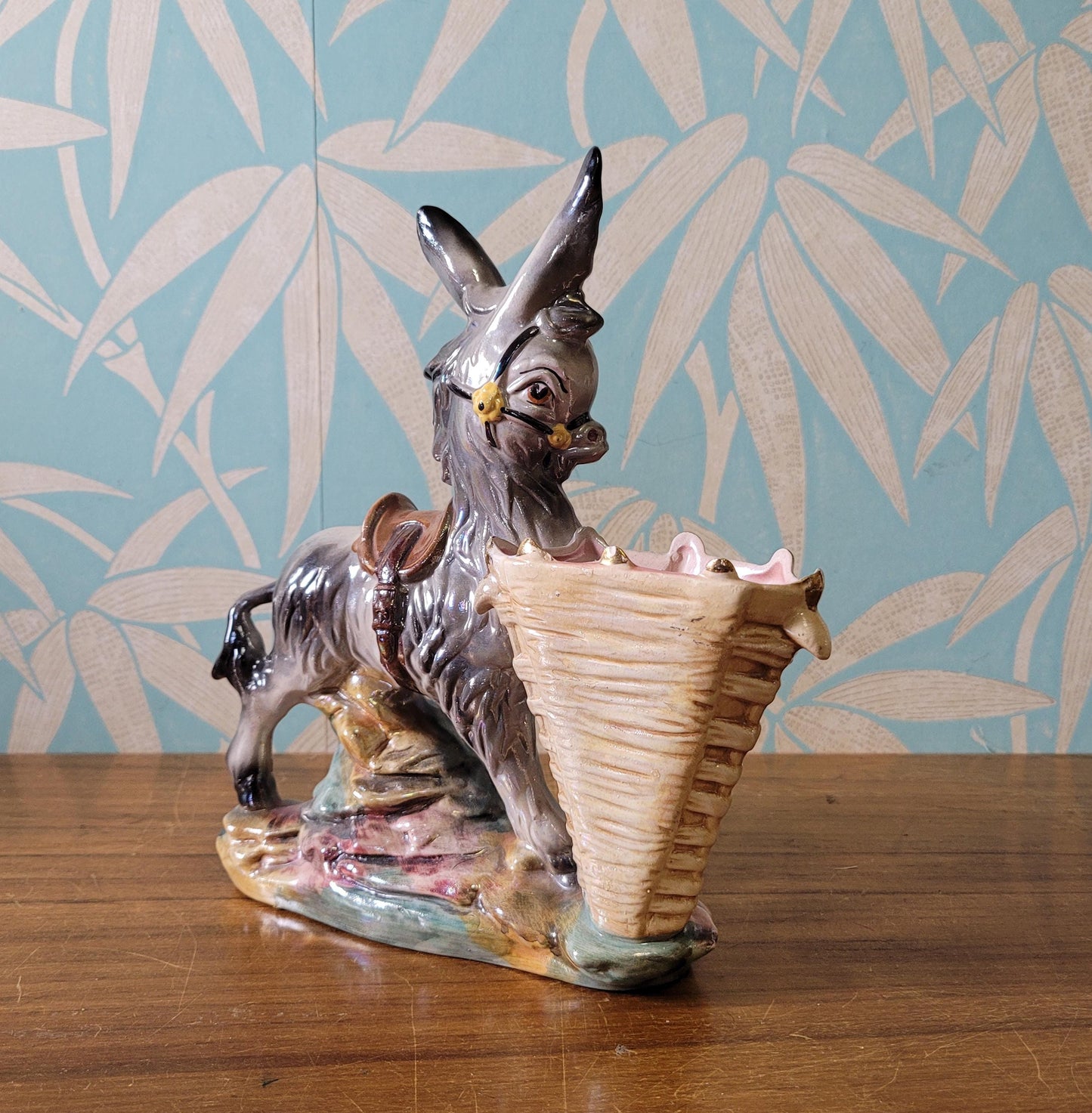 Kitsch mid-century Italian large pearlescent ceramic donkey & cart planter/vase