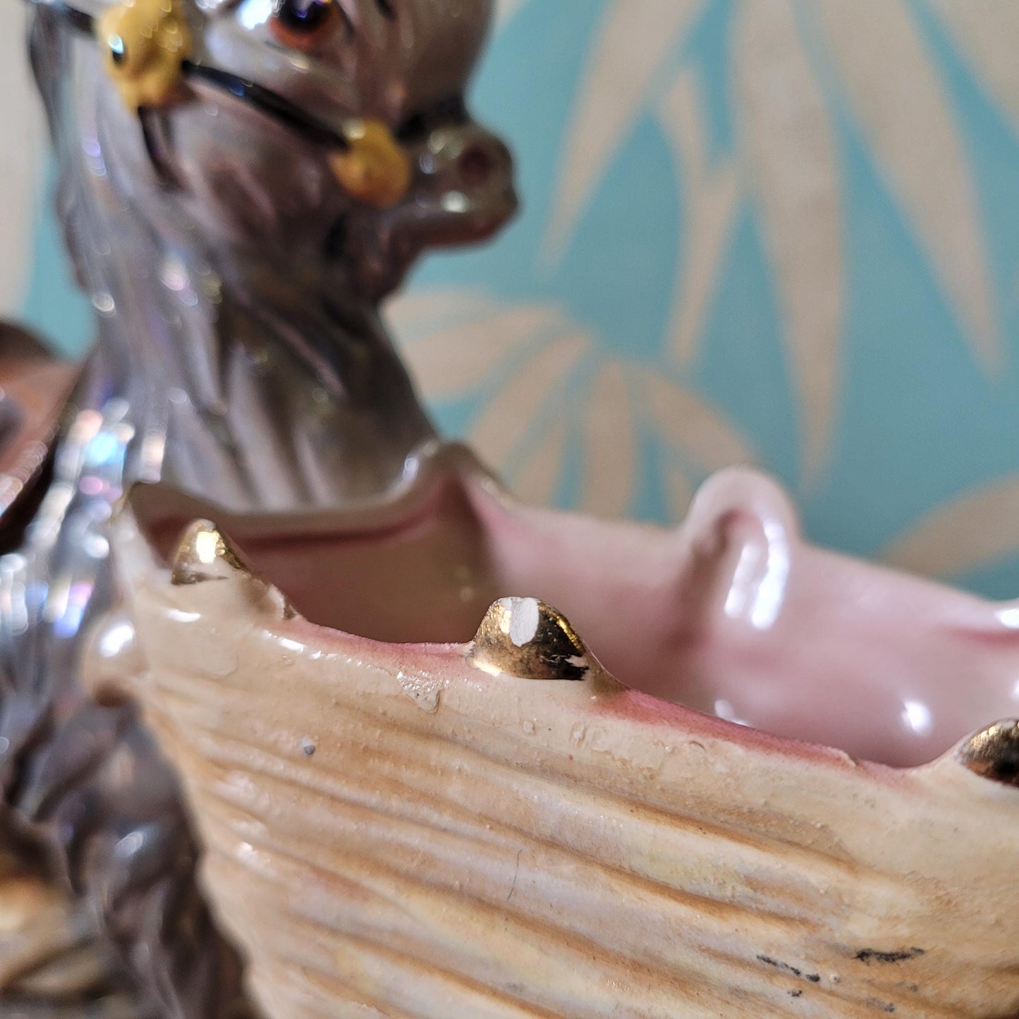 Kitsch mid-century Italian large pearlescent ceramic donkey & cart planter/vase