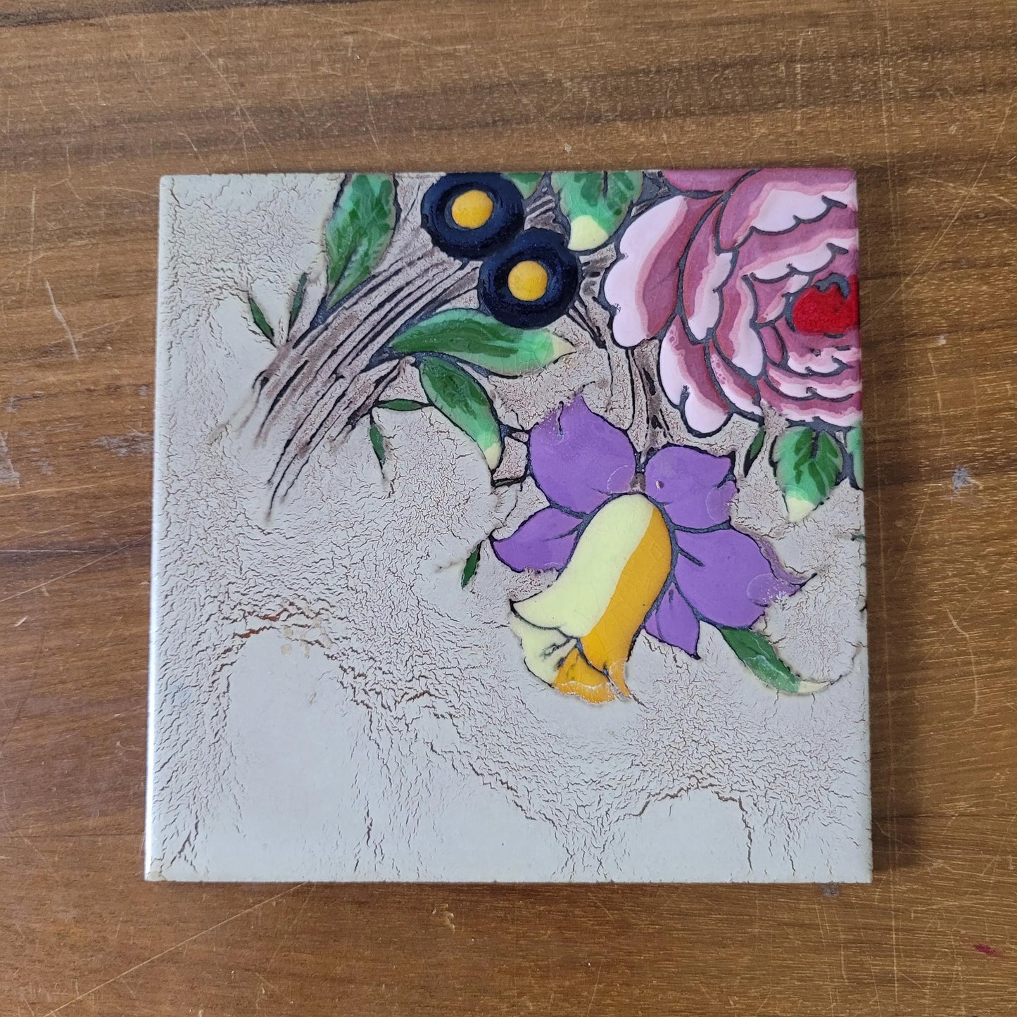 Set of four 1970s floral tiles, made in Spain