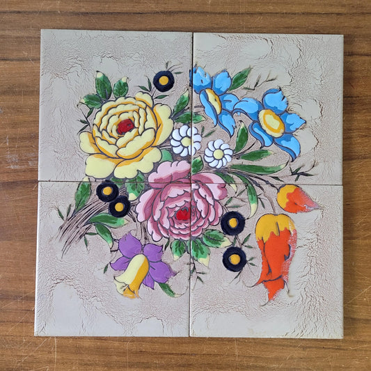 Set of four 1970s floral tiles, made in Spain