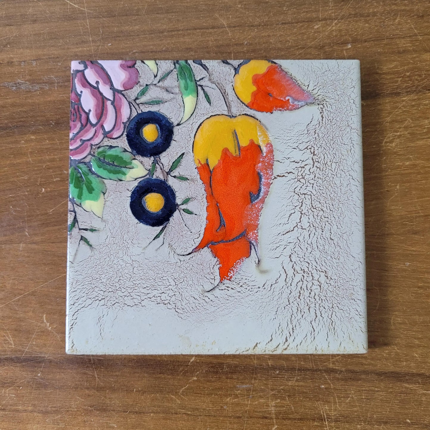 Set of four 1970s floral tiles, made in Spain