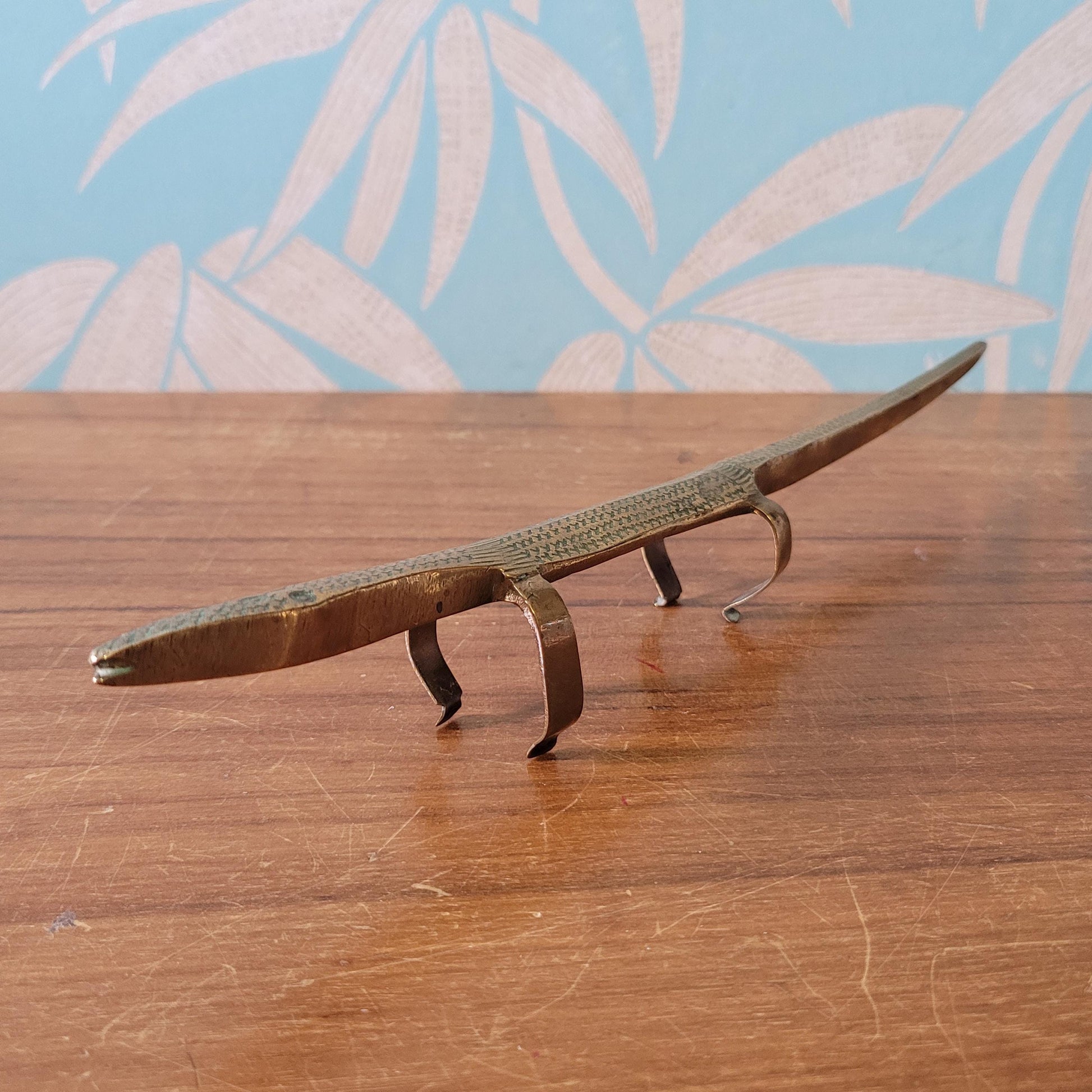Unusual vintage tribal etched brass lizard ornament