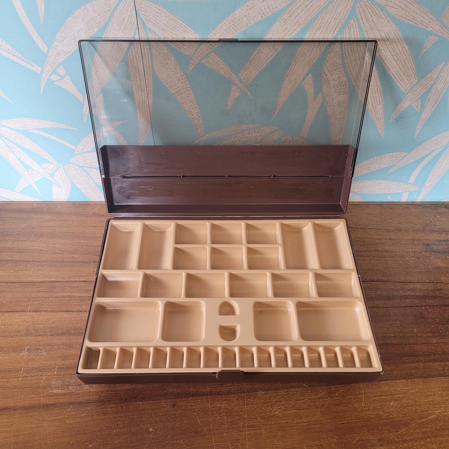 1970s brown & clear plastic sewing storage caddy