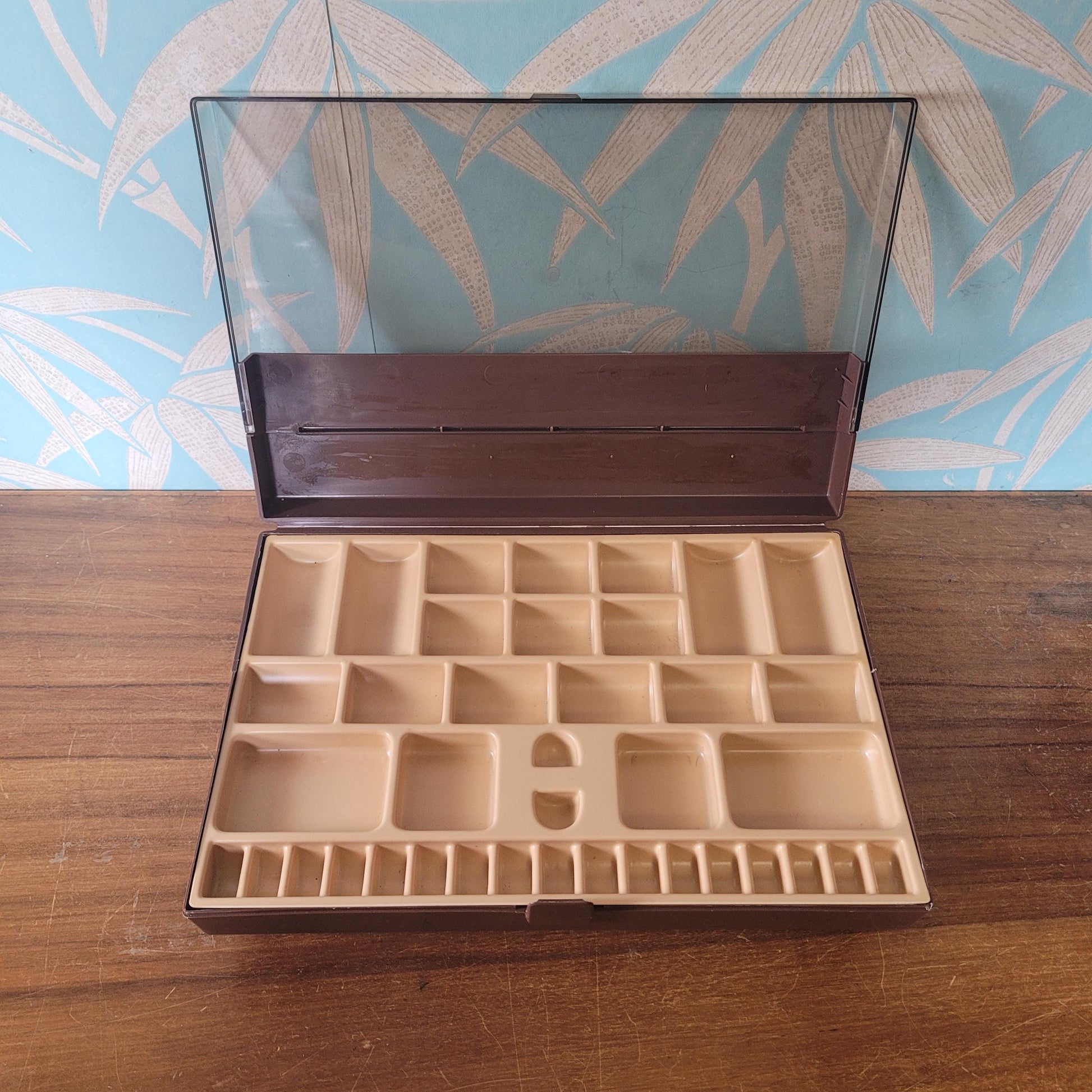 1970s brown & clear plastic sewing storage caddy