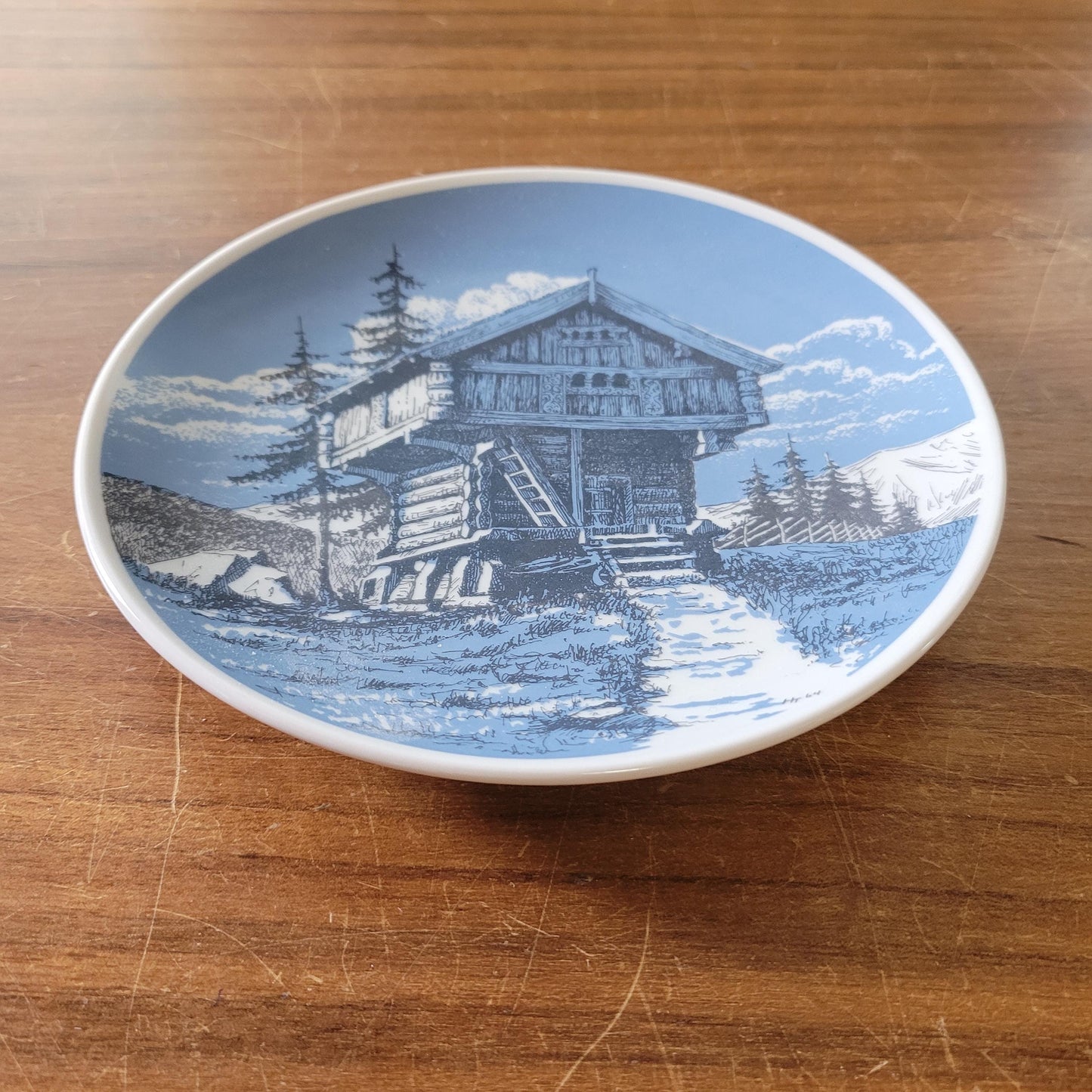 Two collectable 1960s Porsgrund Norway porcelain winter scene wall plates