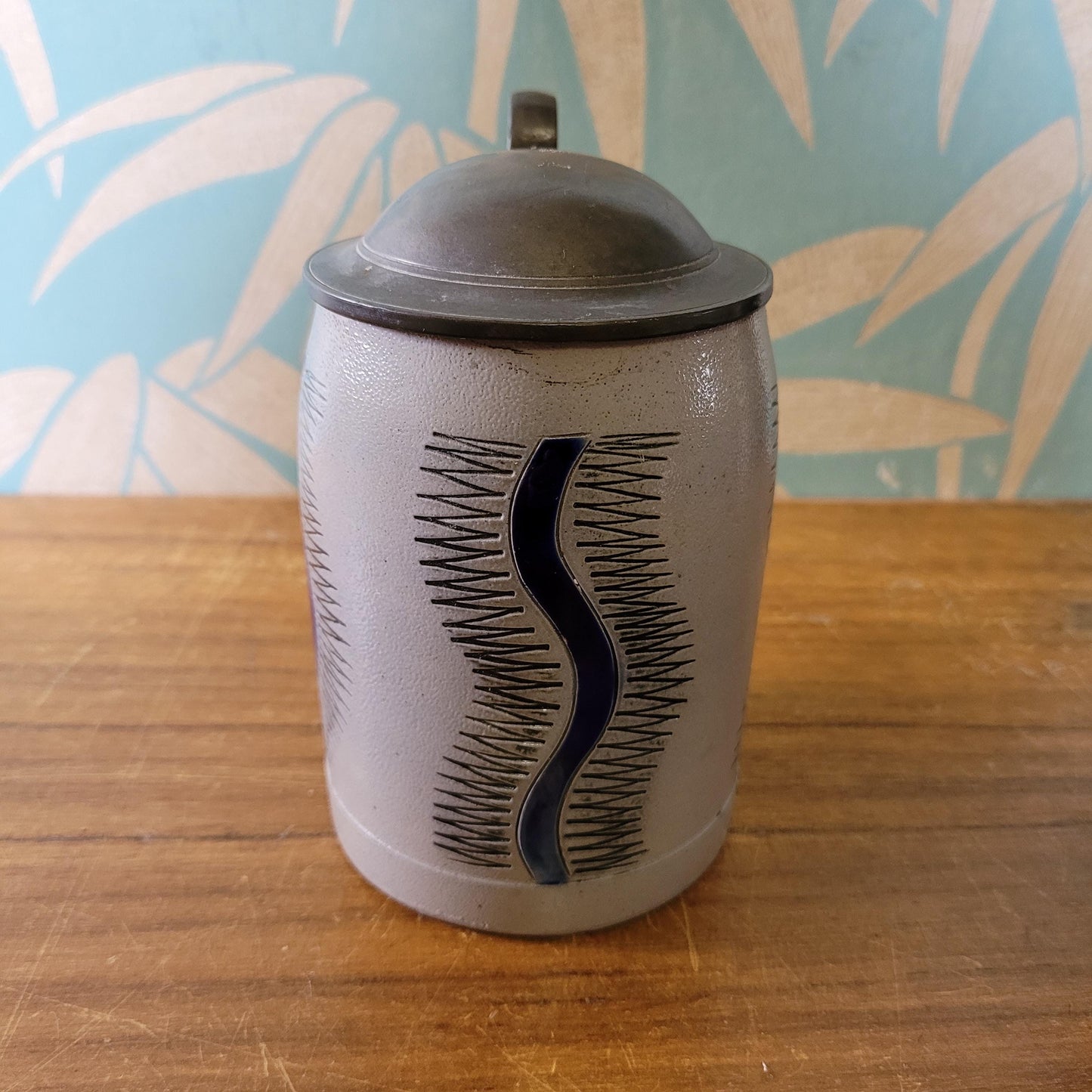 Vintage German pewter & stoneware beer stein, abstract design