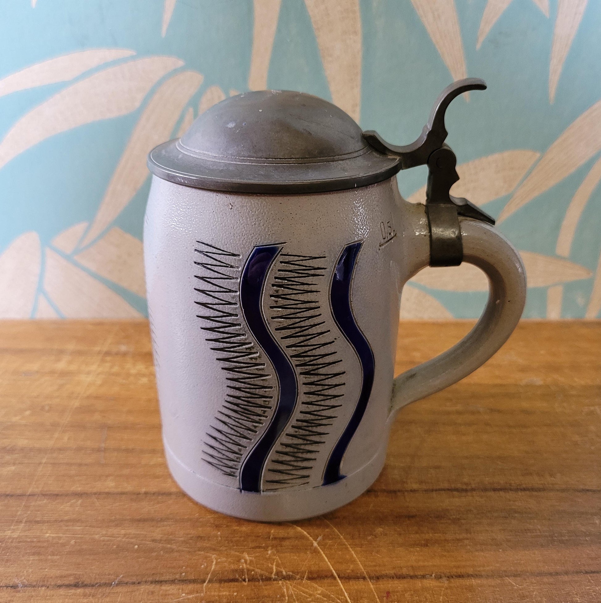 Vintage German pewter & stoneware beer stein, abstract design