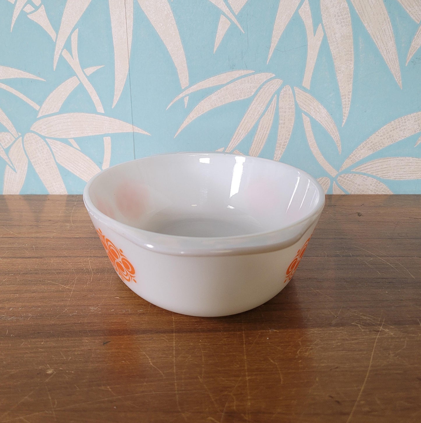 1970s geometric orange pattern Agee Pyrex casserole dish