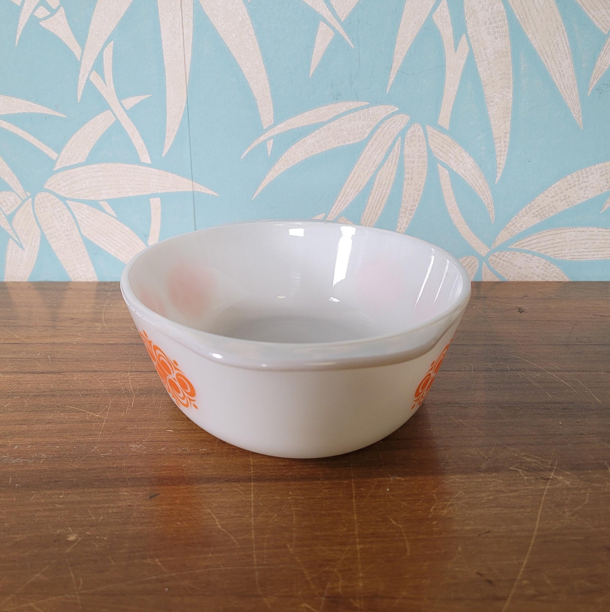 1970s geometric orange pattern Agee Pyrex casserole dish