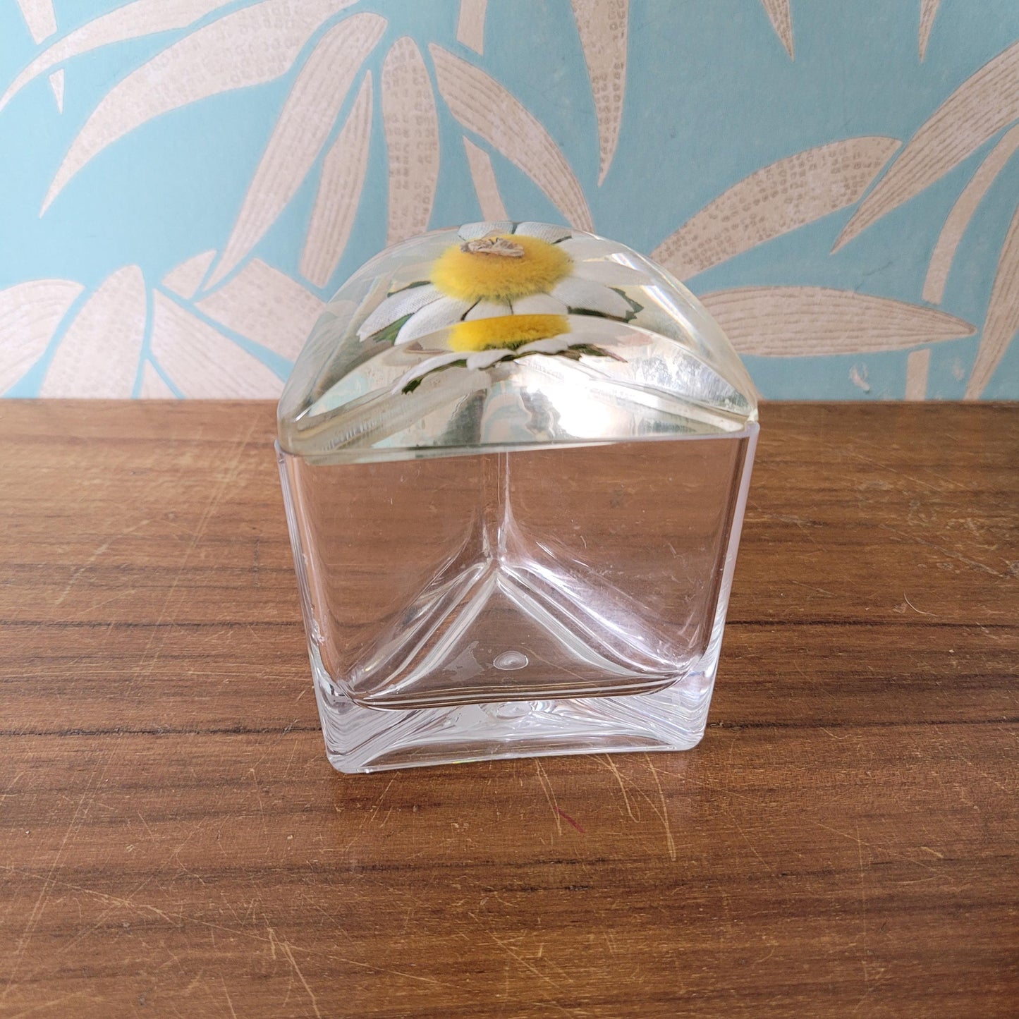 Vintage triangular acrylic preserve pot wth daisy and bee