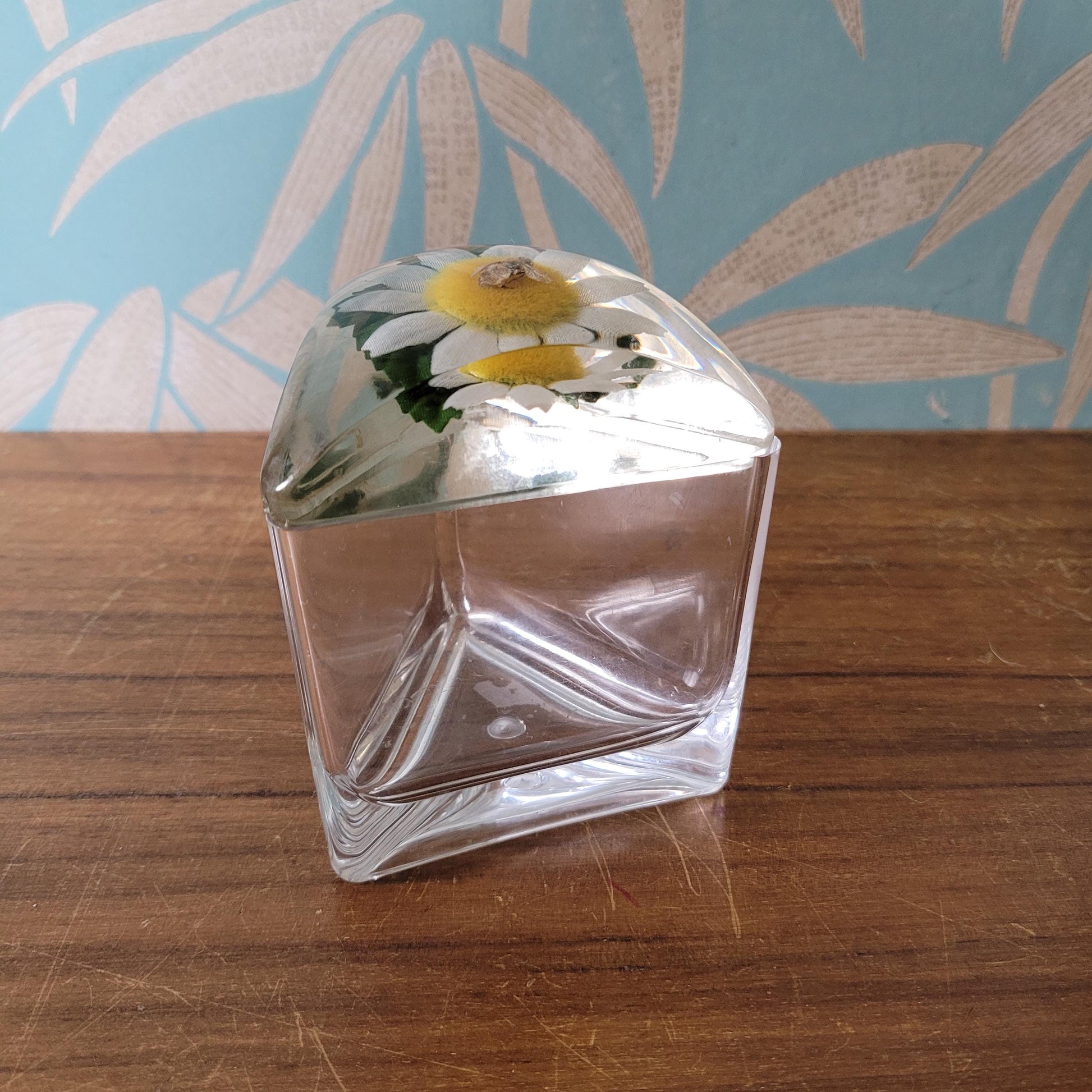 Vintage triangular acrylic preserve pot wth daisy and bee