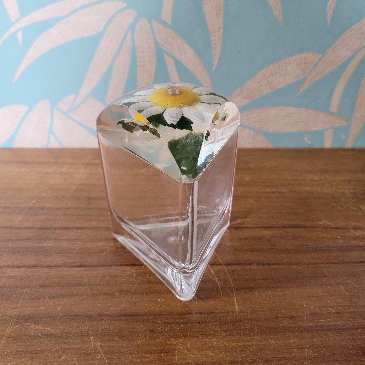 Vintage triangular acrylic preserve pot wth daisy and bee