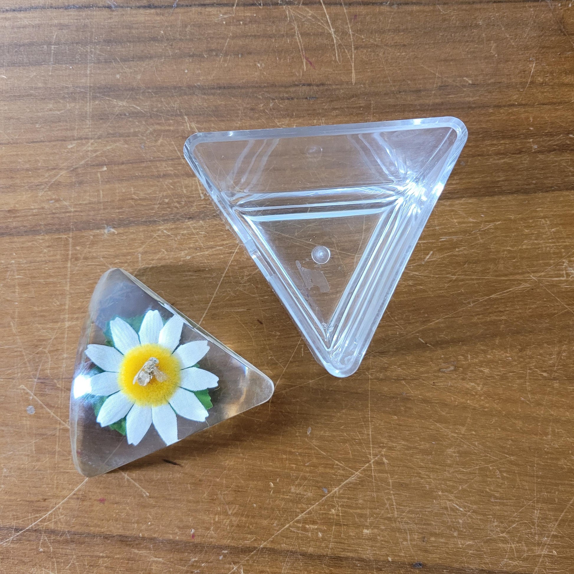 Vintage triangular acrylic preserve pot wth daisy and bee