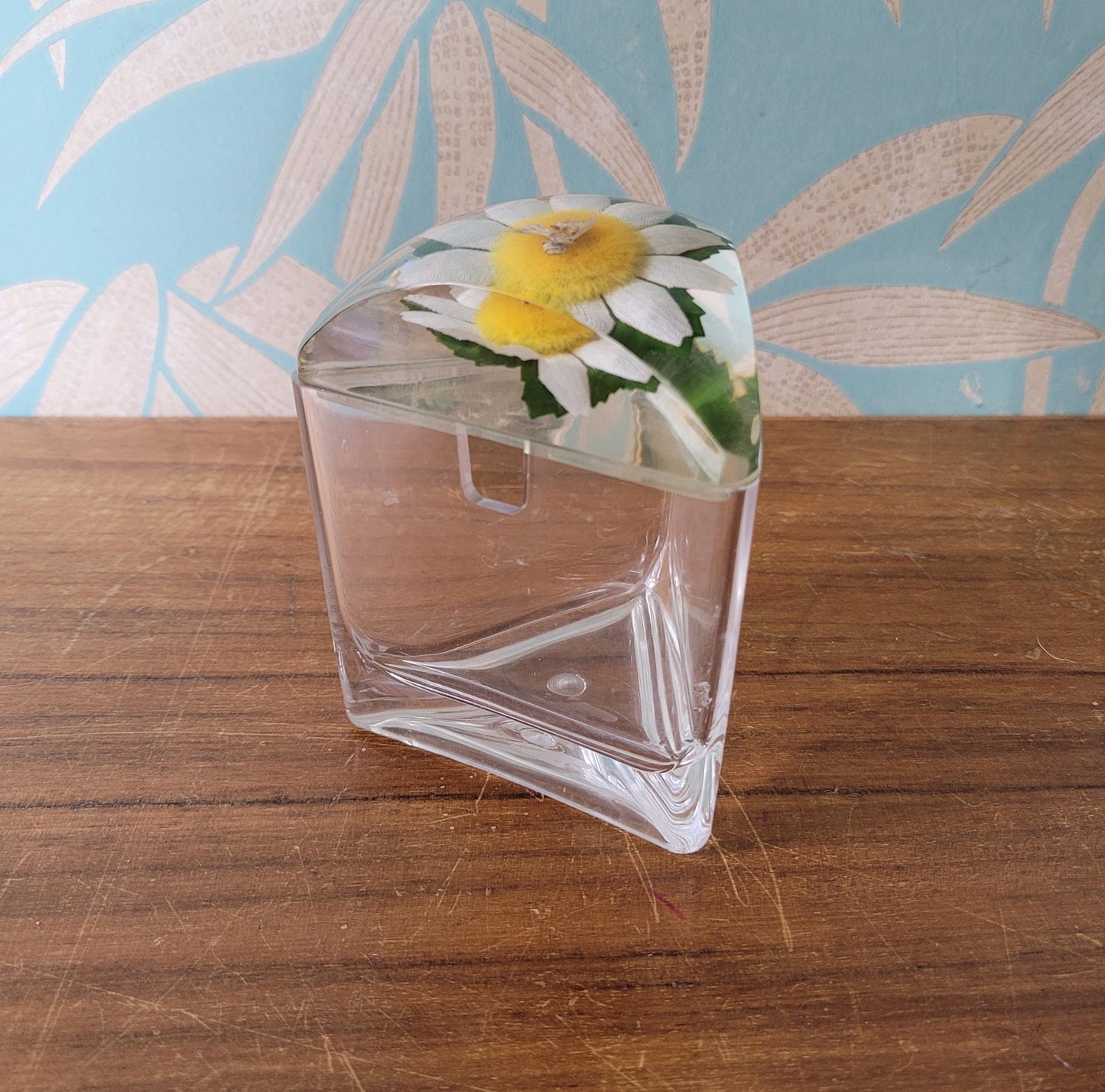 Vintage triangular acrylic preserve pot wth daisy and bee
