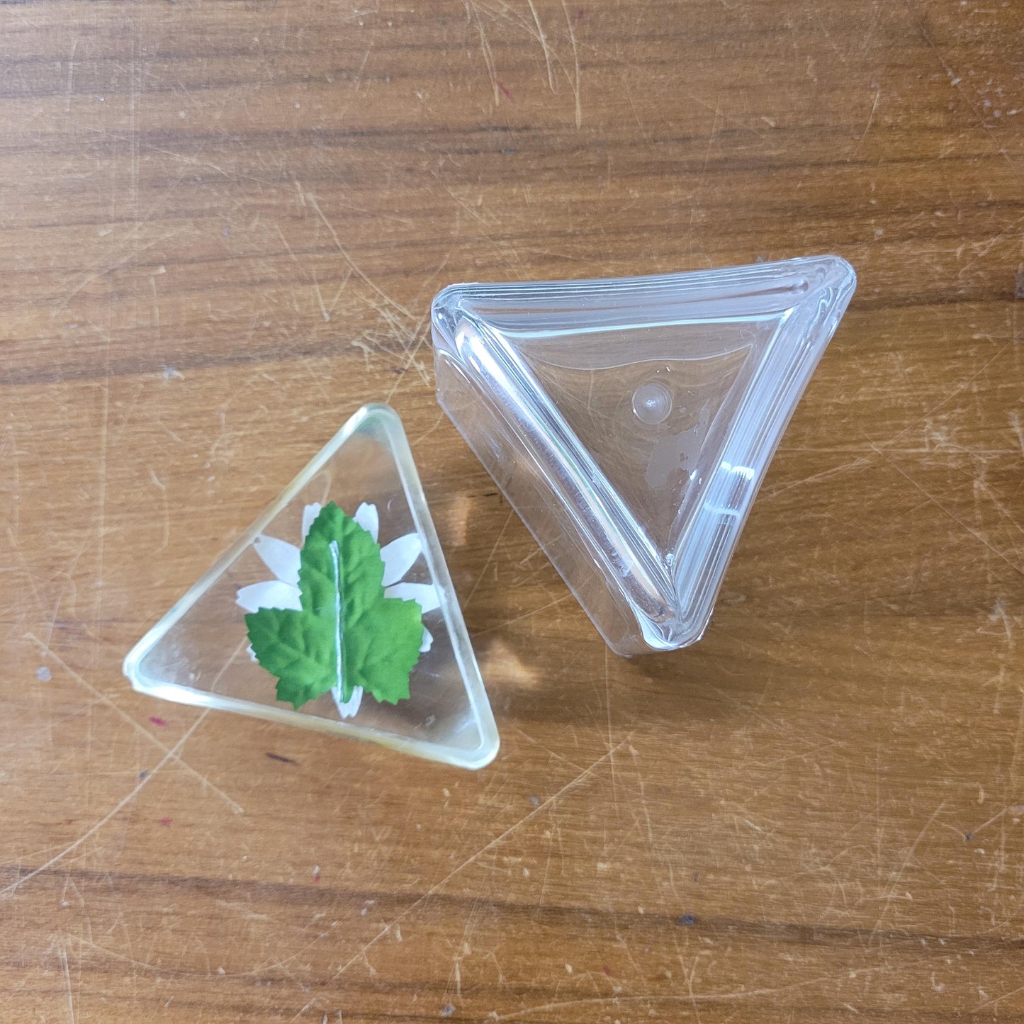 Vintage triangular acrylic preserve pot wth daisy and bee