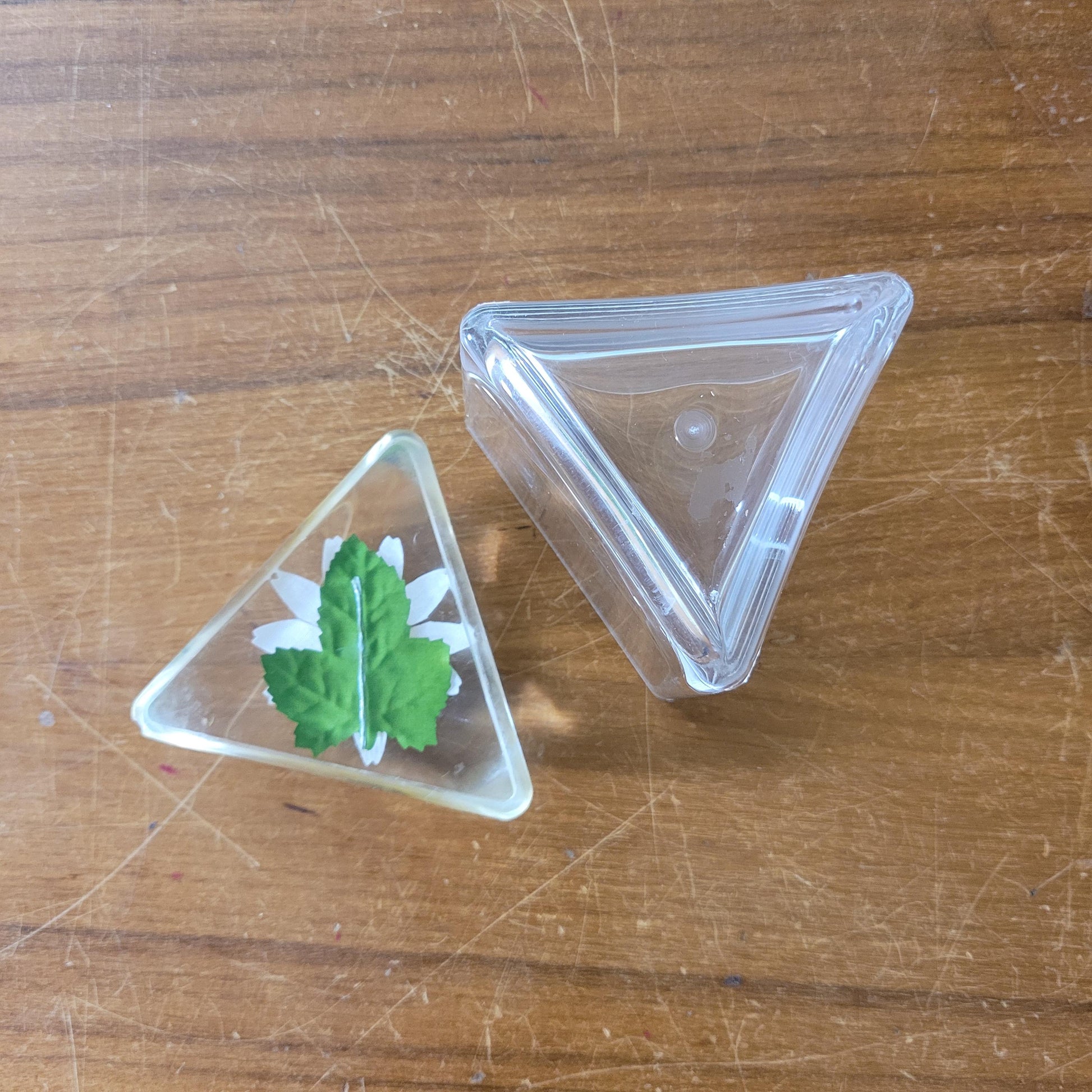 Vintage triangular acrylic preserve pot wth daisy and bee