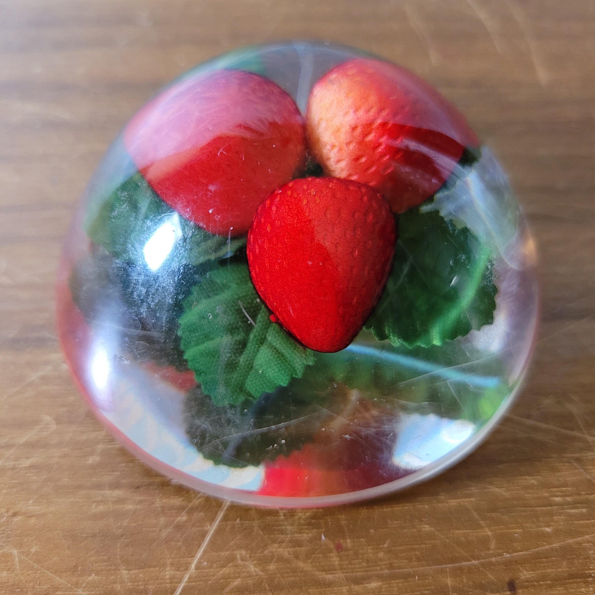 1960s kitsch acrylic domed strawberries paperweight