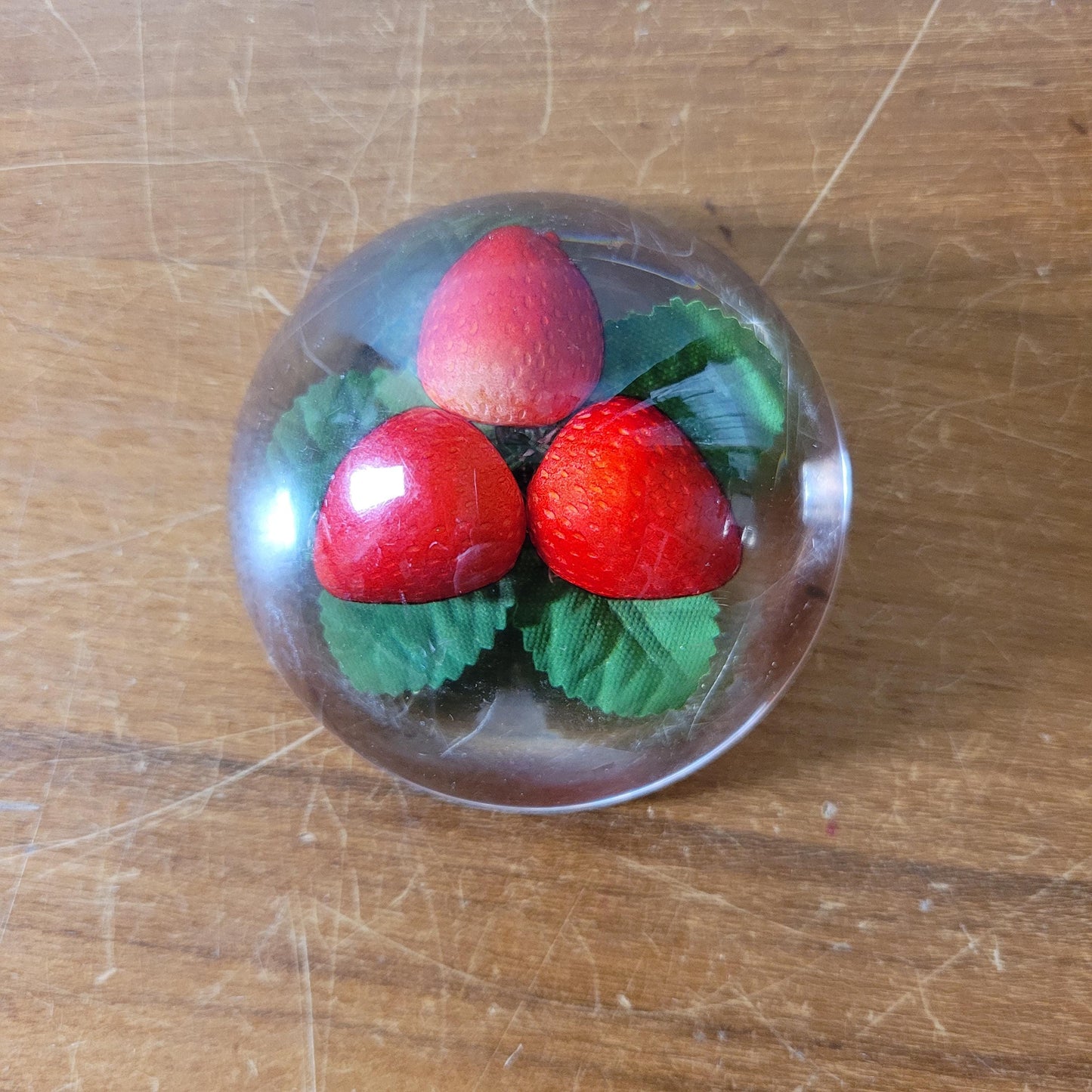 1960s kitsch acrylic domed strawberries paperweight