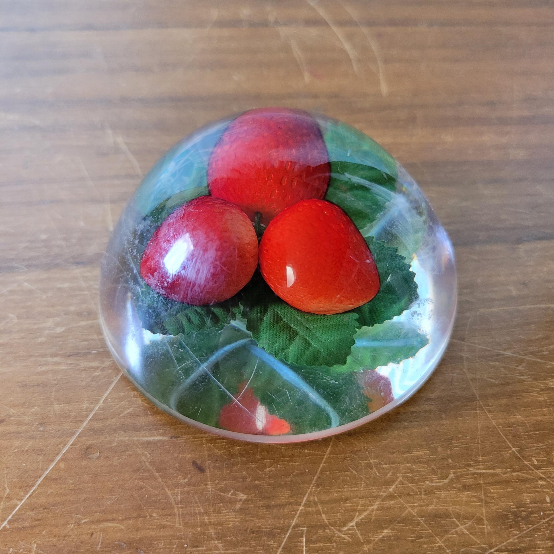 1960s kitsch acrylic domed strawberries paperweight