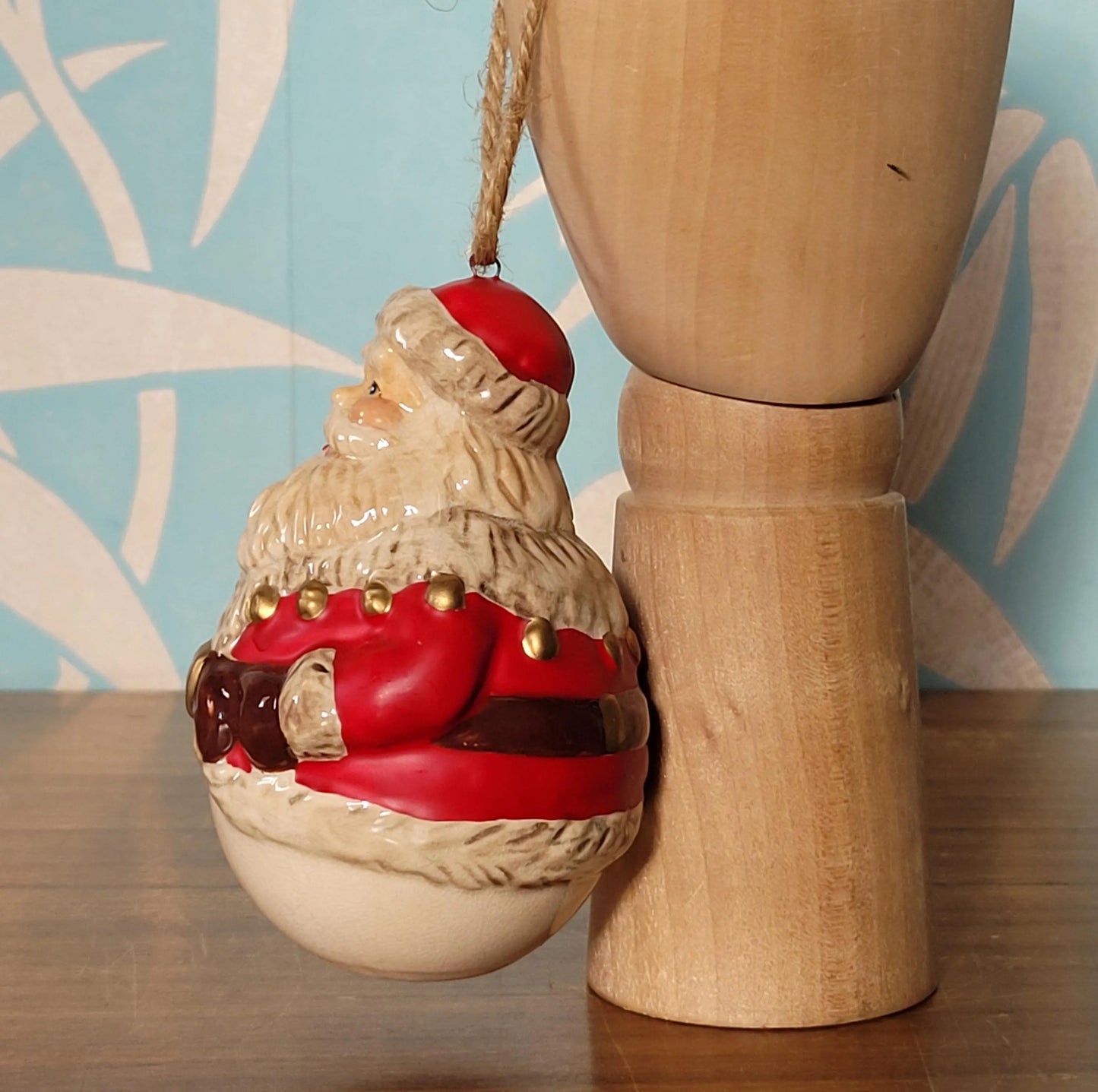 Vintage ceramic roly poly rounded Santa tree ornament