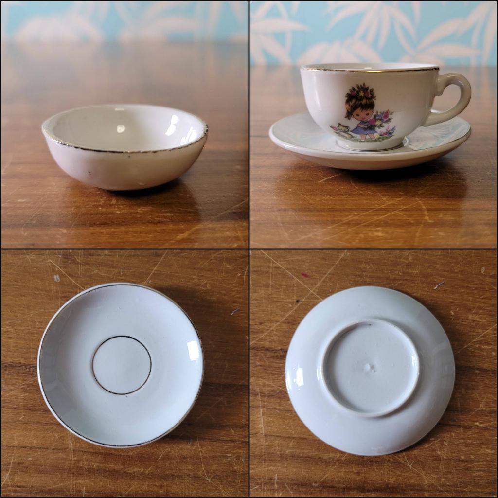 1960s children's china teaset, illustrated with girl and kitten