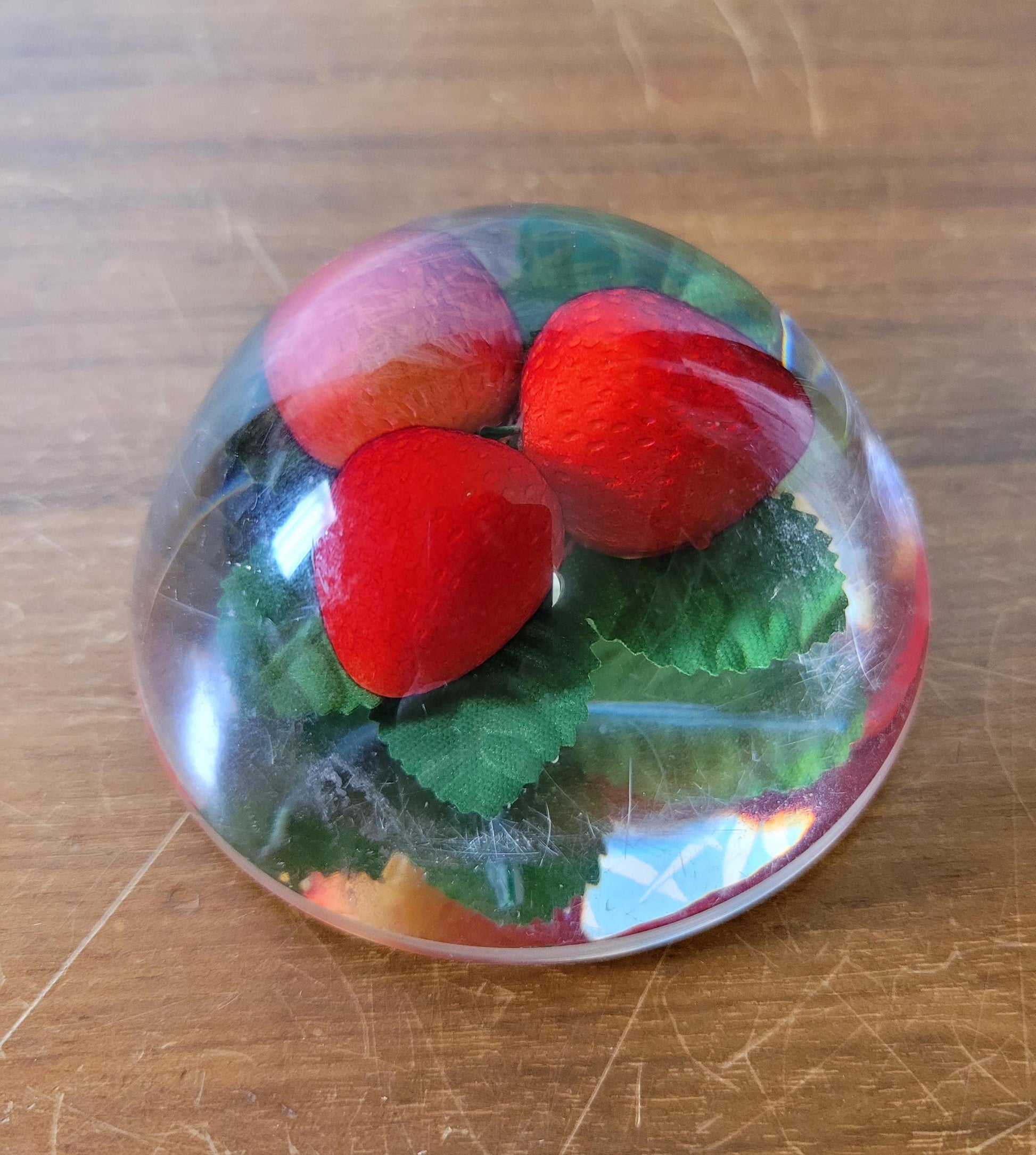 1960s kitsch acrylic domed strawberries paperweight