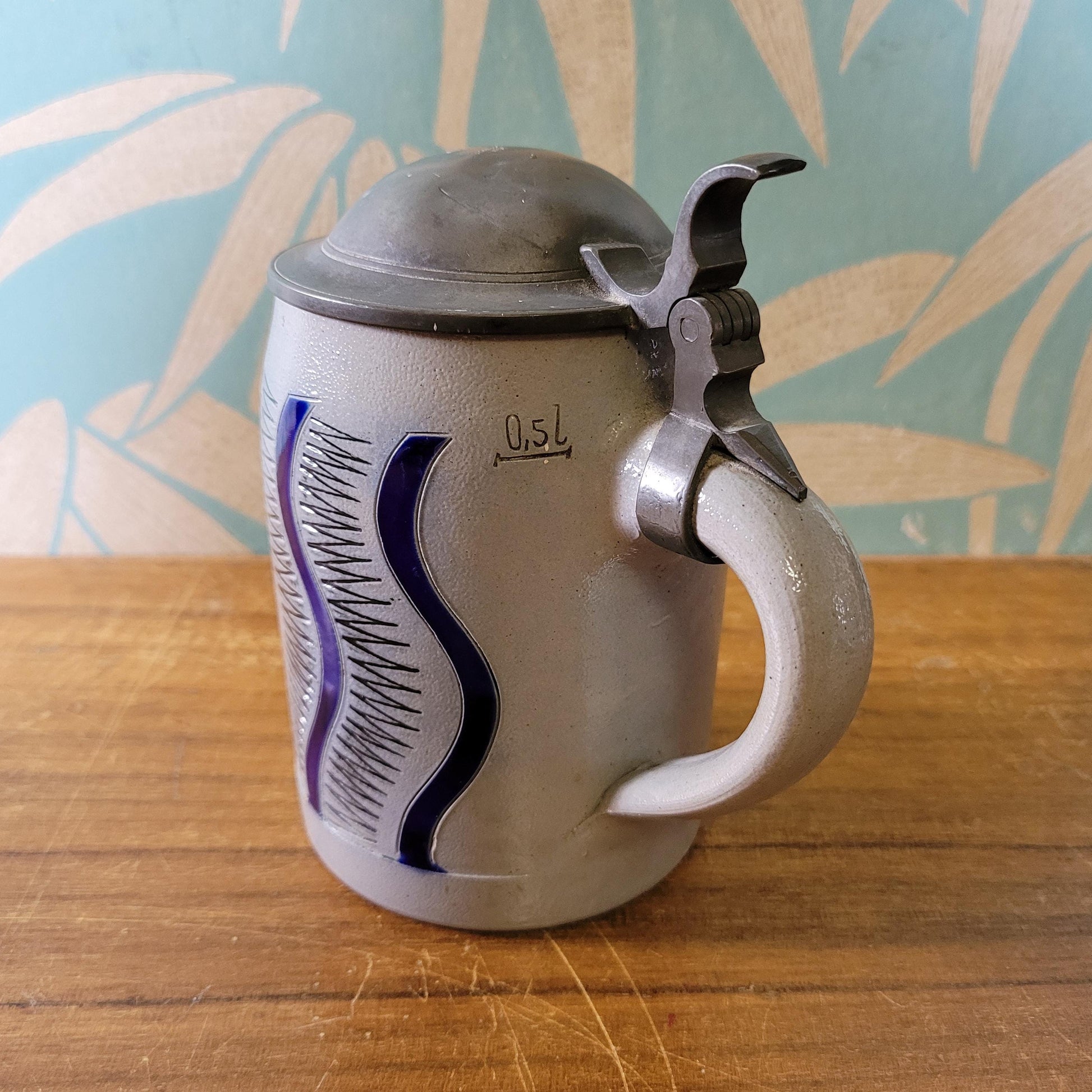 Vintage German pewter & stoneware beer stein, abstract design