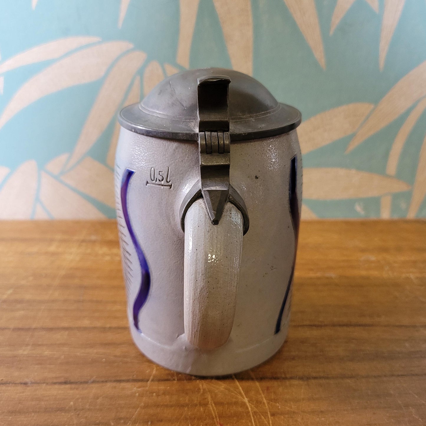 Vintage German pewter & stoneware beer stein, abstract design