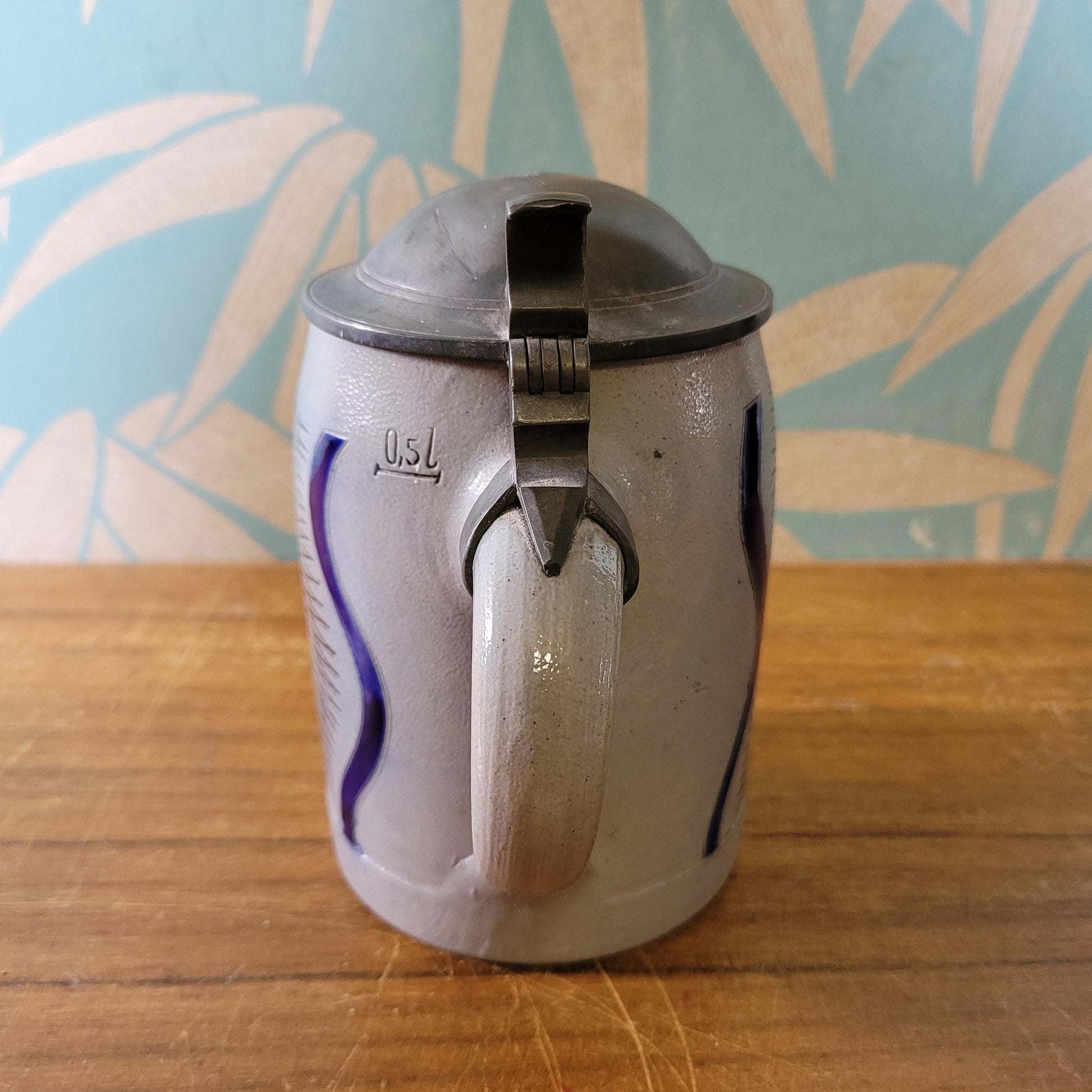 Vintage German pewter & stoneware beer stein, abstract design
