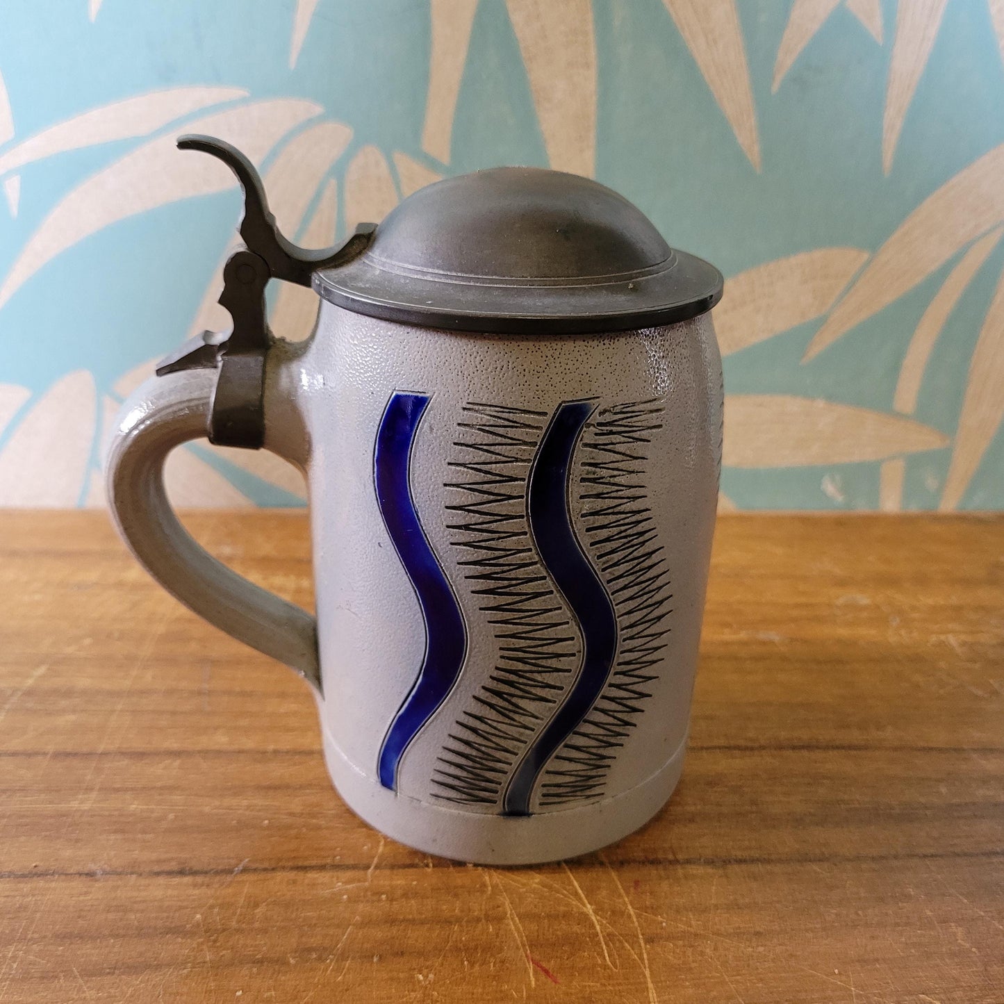 Vintage German pewter & stoneware beer stein, abstract design