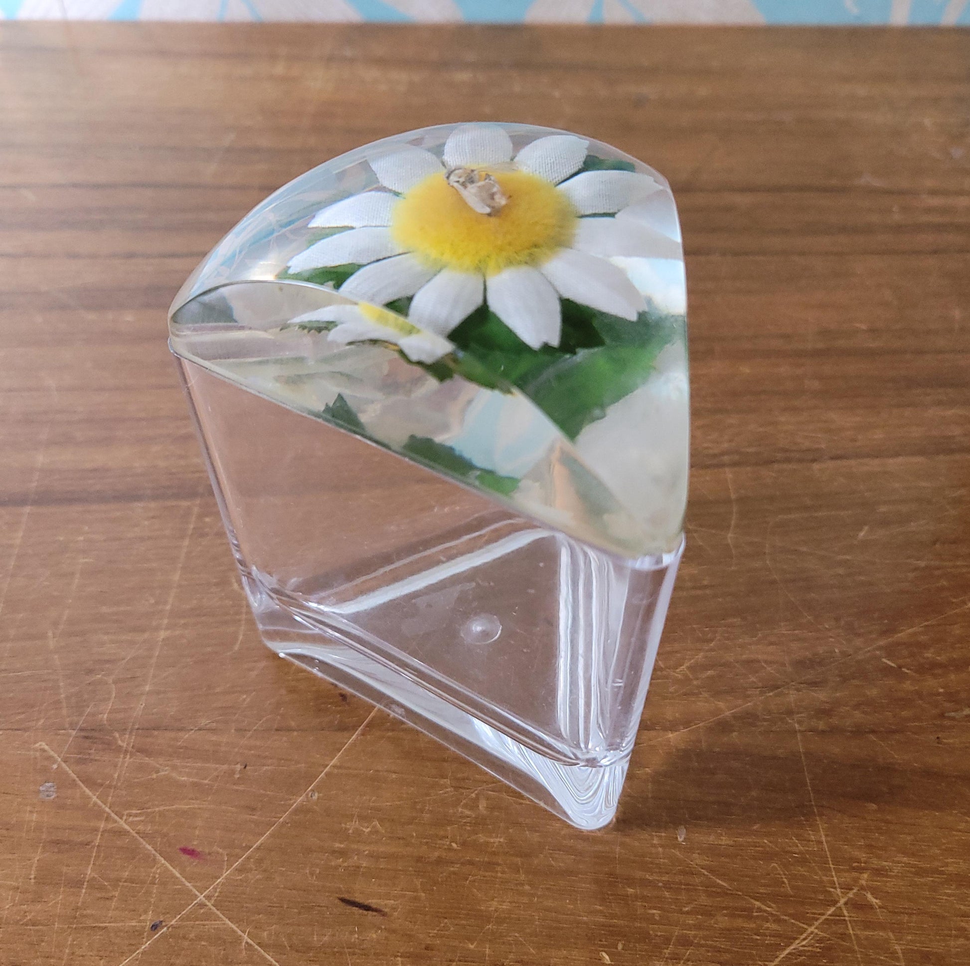 Vintage triangular acrylic preserve pot wth daisy and bee