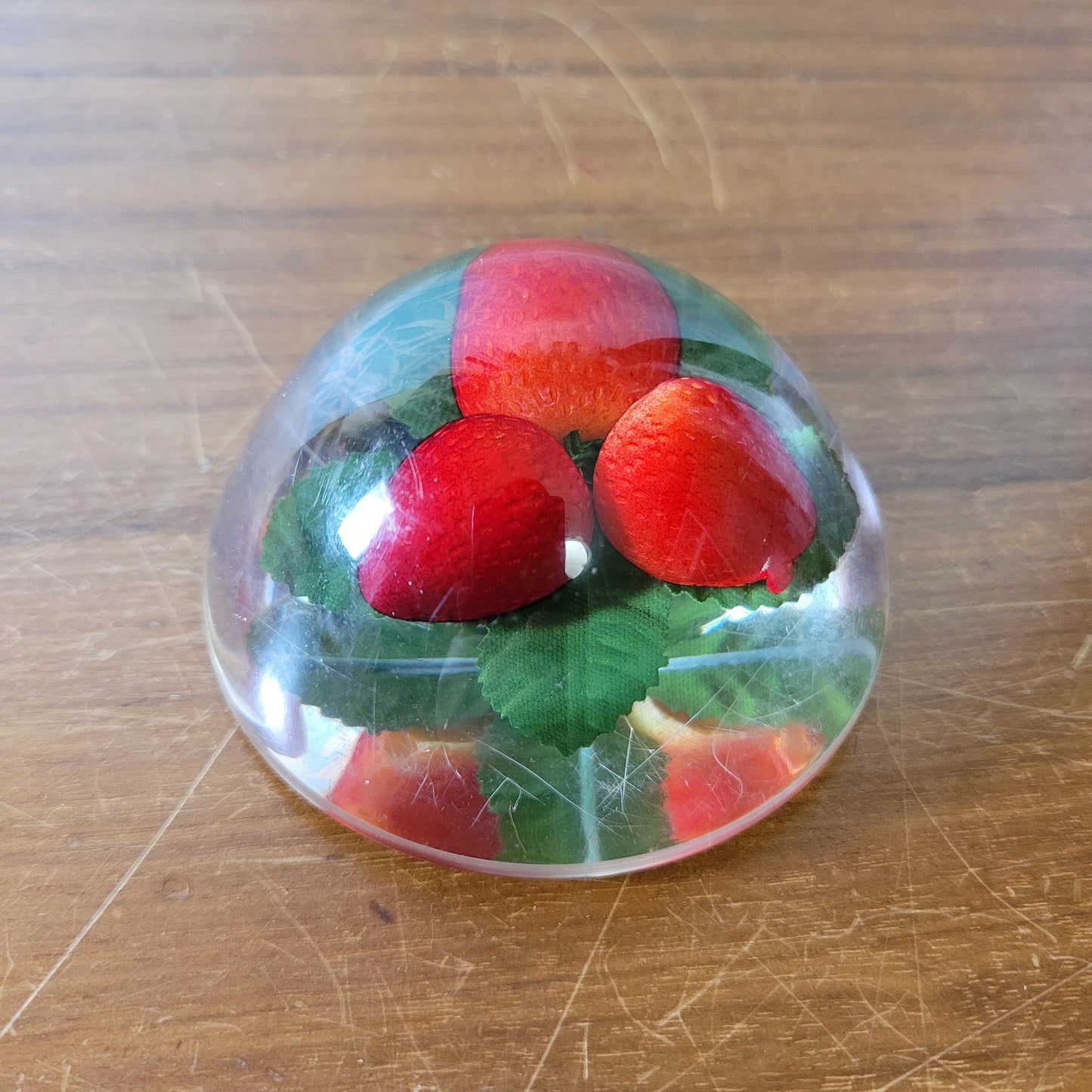 1960s kitsch acrylic domed strawberries paperweight