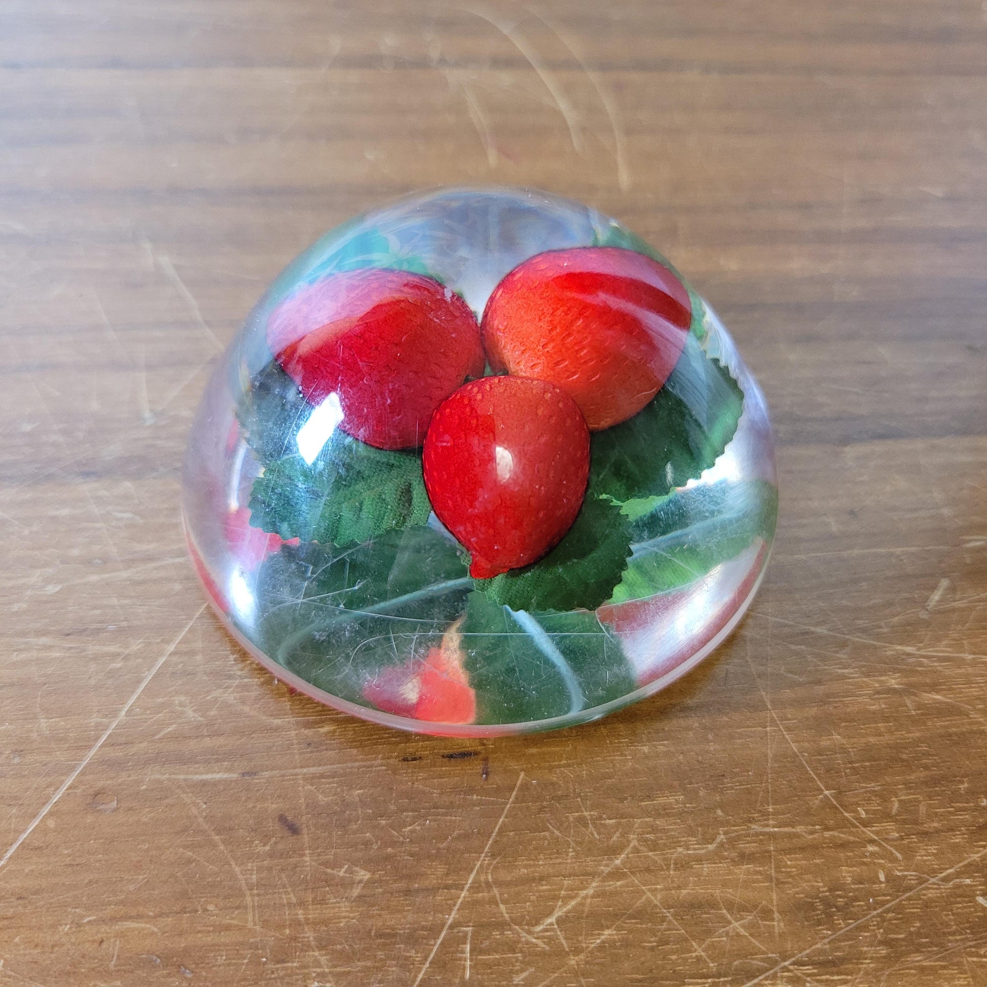 1960s kitsch acrylic domed strawberries paperweight