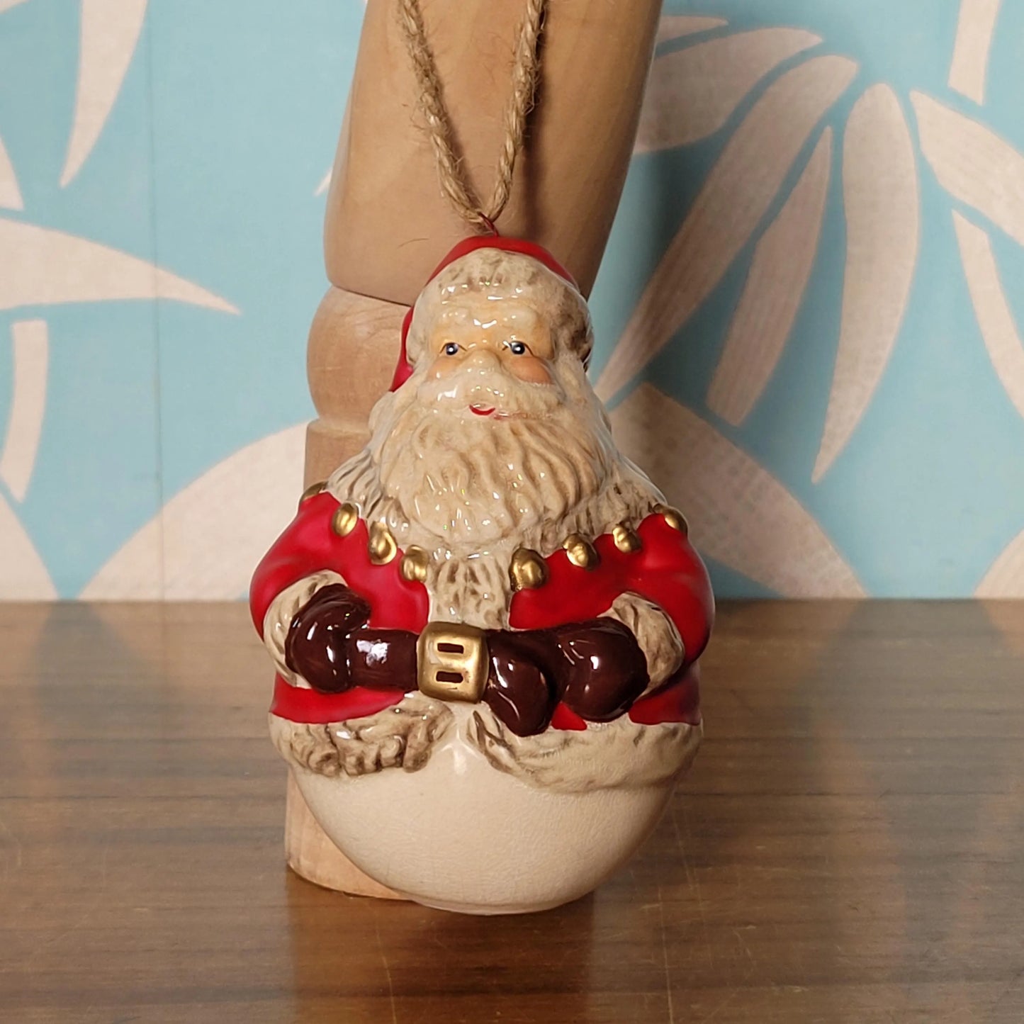 Vintage ceramic roly poly rounded Santa tree ornament