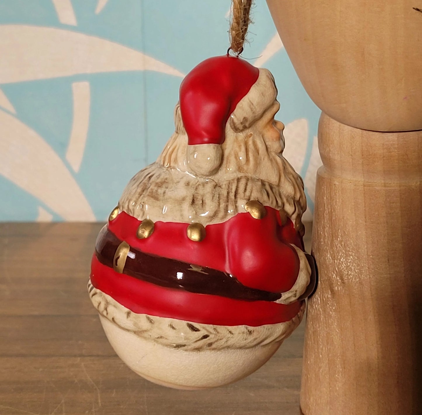 Vintage ceramic roly poly rounded Santa tree ornament