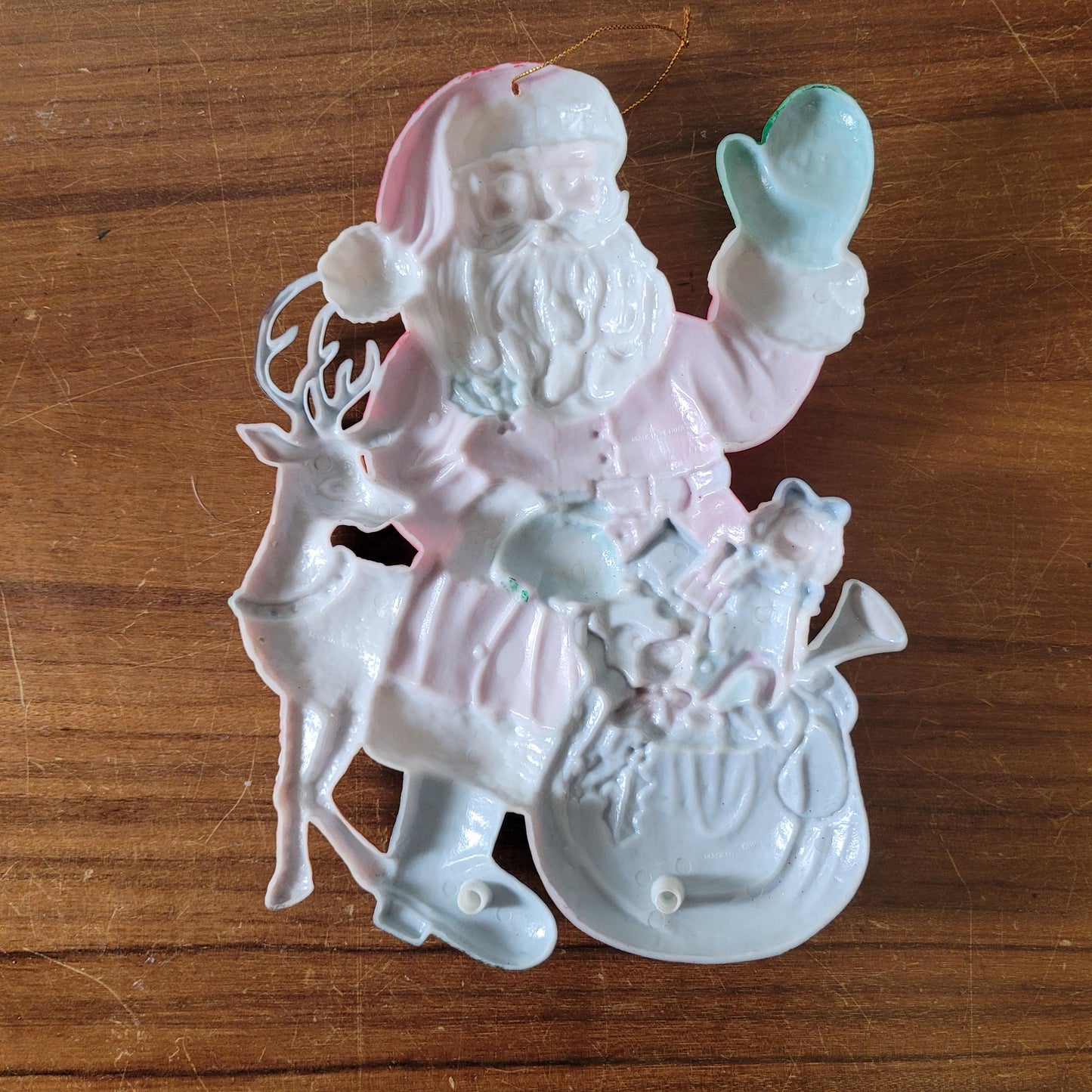Vintage plastic Santa with toy sack & reindeer wall hanging