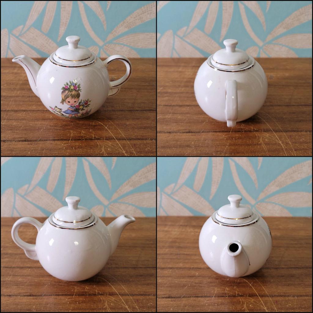 1960s children's china teaset, illustrated with girl and kitten