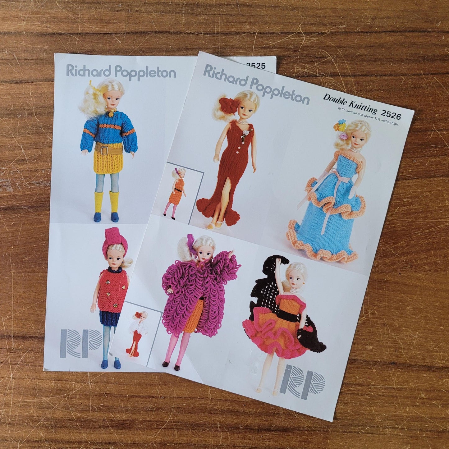 Two early 1990s Richard Poppleton knitting patterns for teenage doll clothes