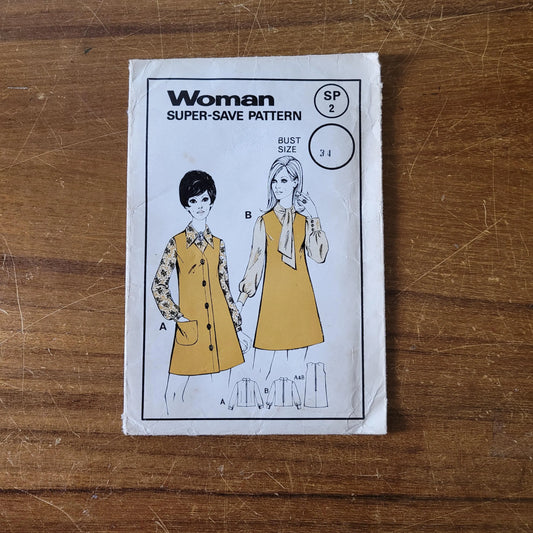 Uncut 1960s Woman SP2 sewing pattern for blouse & pinafore dress, size 12 (complete)