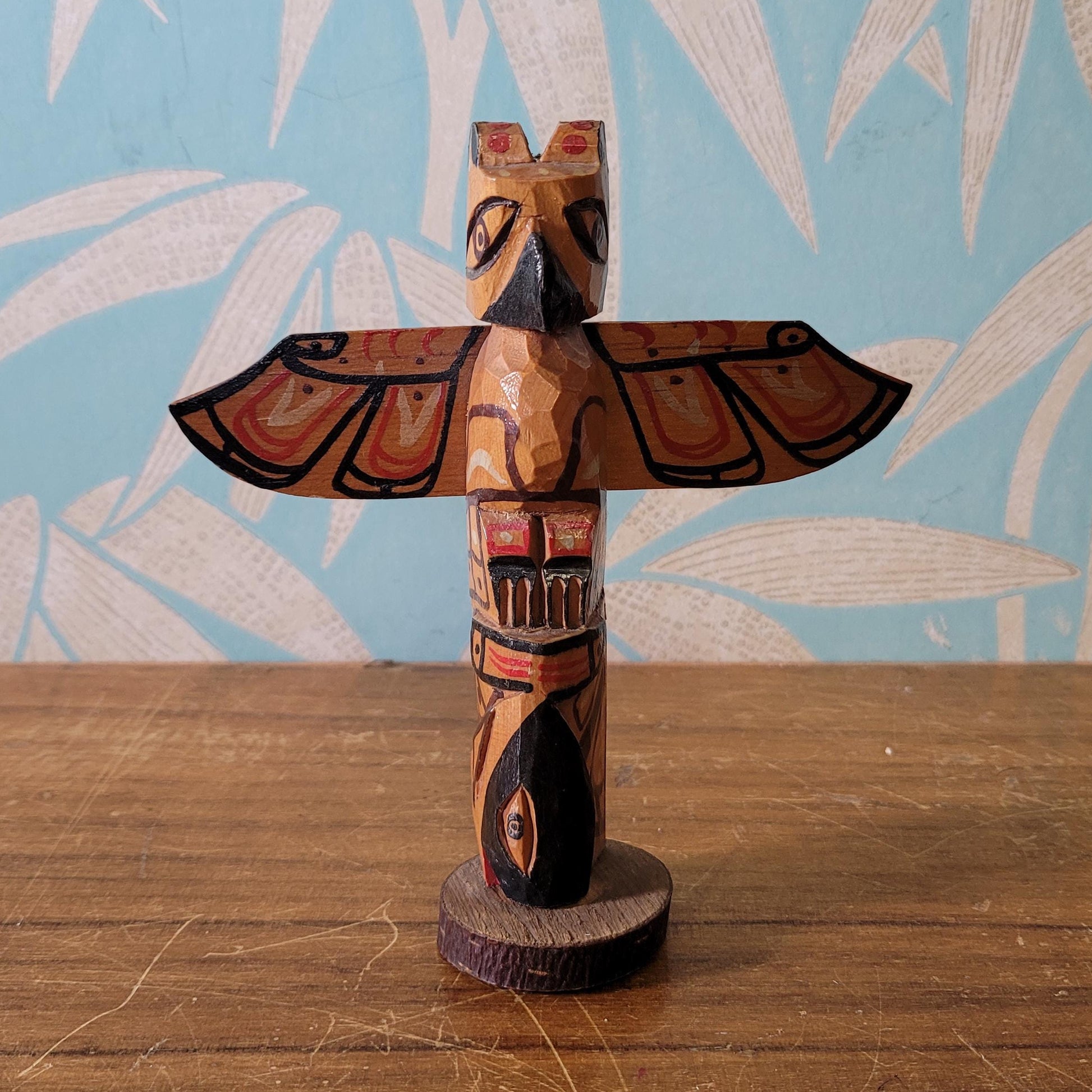 Vintage handcrafted wooden totem by Nuu-chah-nulth artist, Stan James