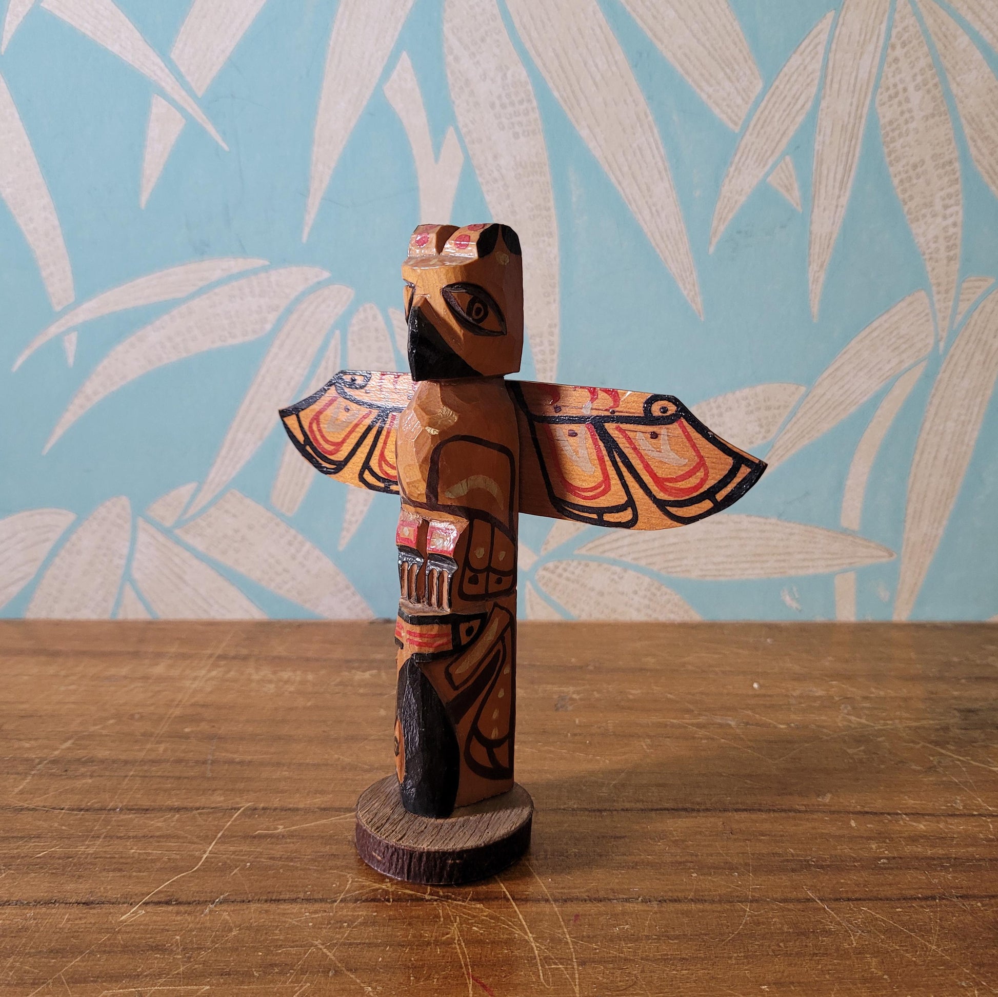 Vintage handcrafted wooden totem by Nuu-chah-nulth artist, Stan James