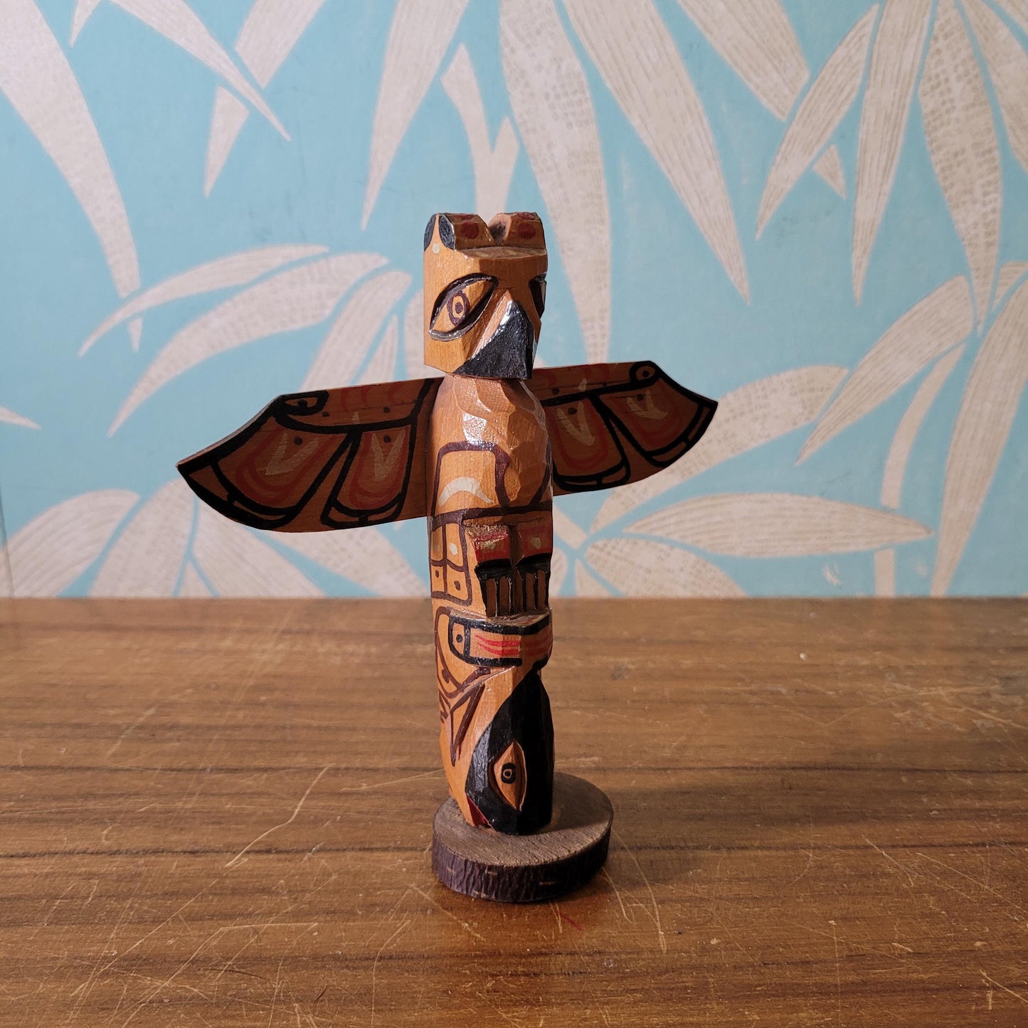 Vintage handcrafted wooden totem by Nuu-chah-nulth artist, Stan James