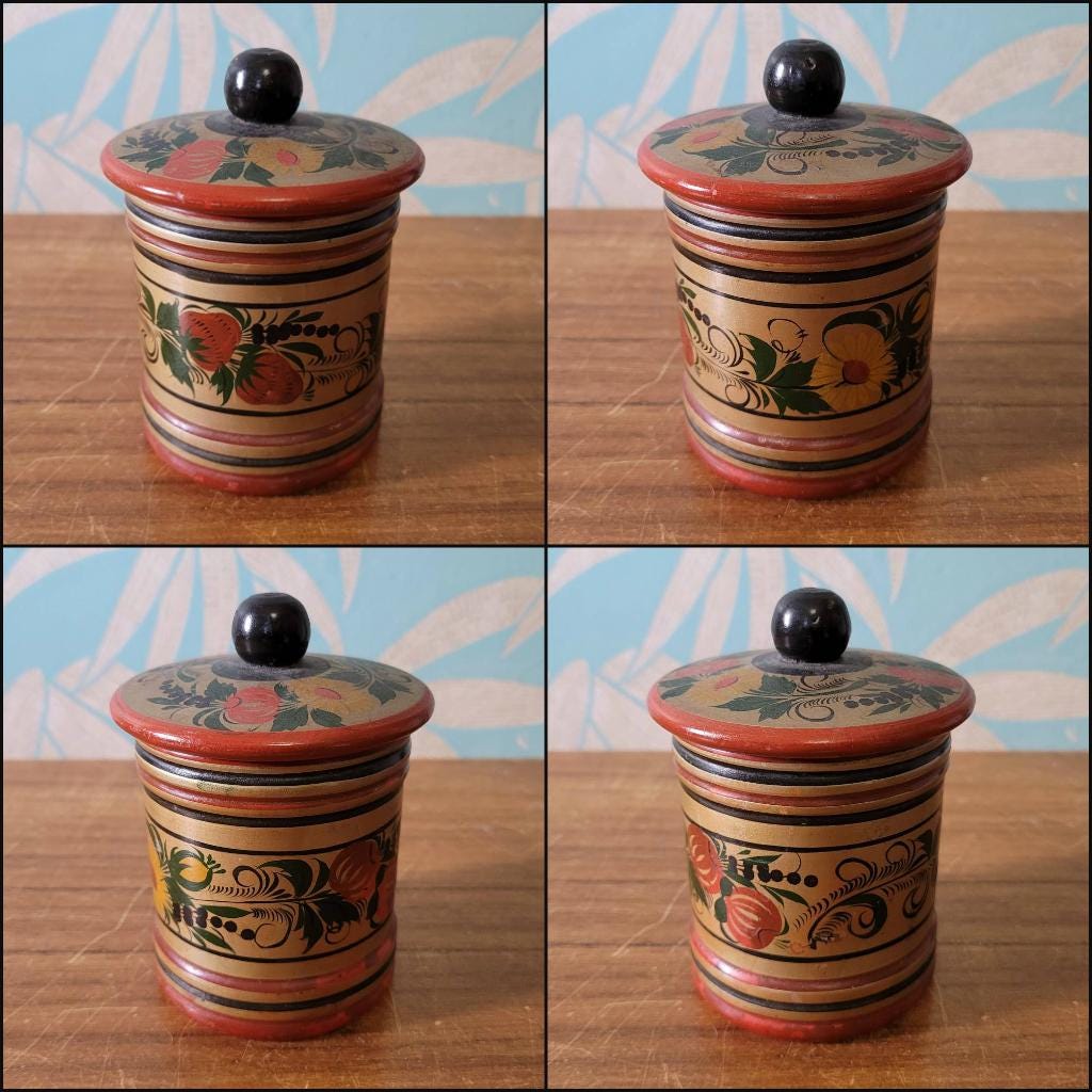 Vintage Russian Khokhloma handpainted folk art bowl, & matching lidded pot