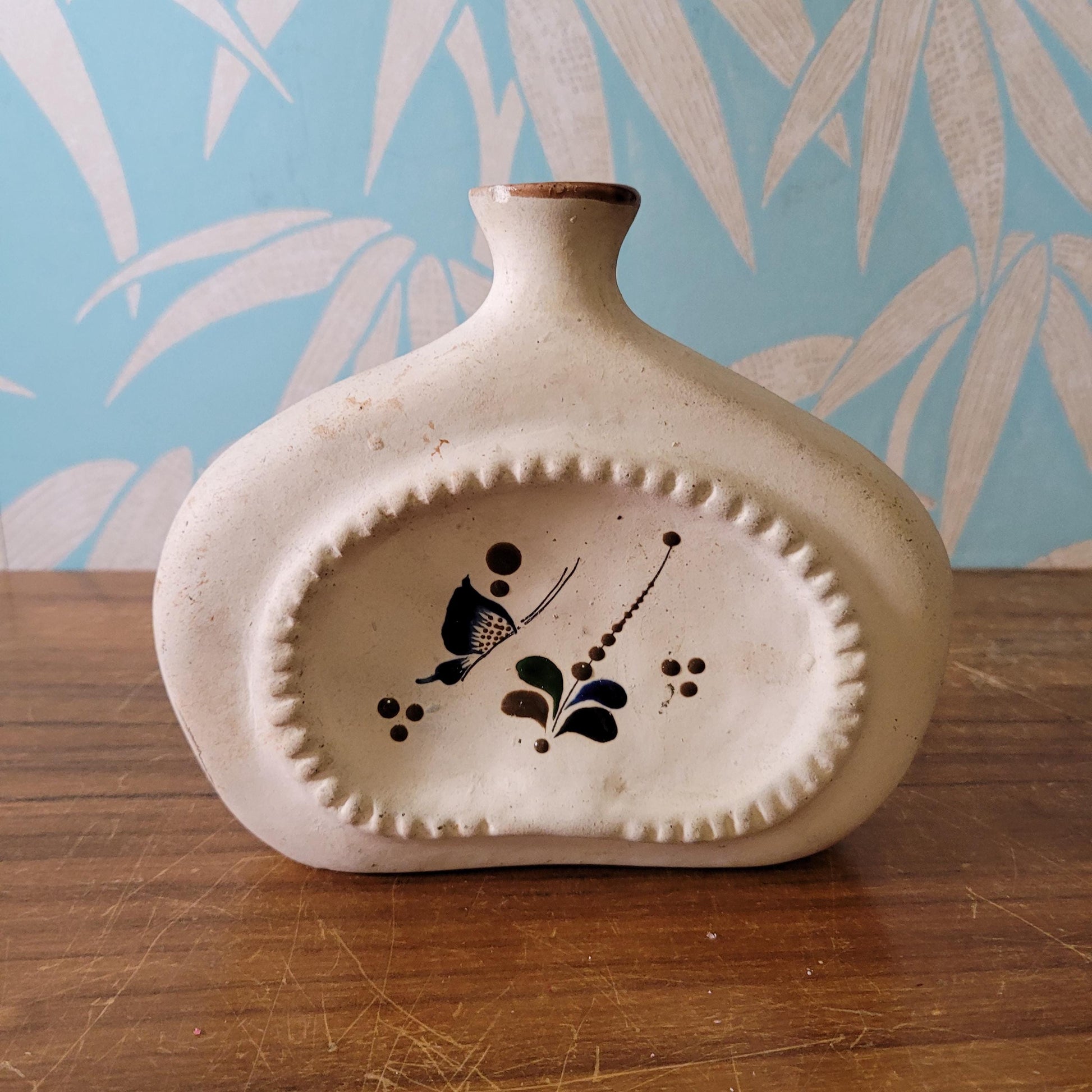 Vintage Mexican Tonala handpainted stoneware vase, signed MEX/M
