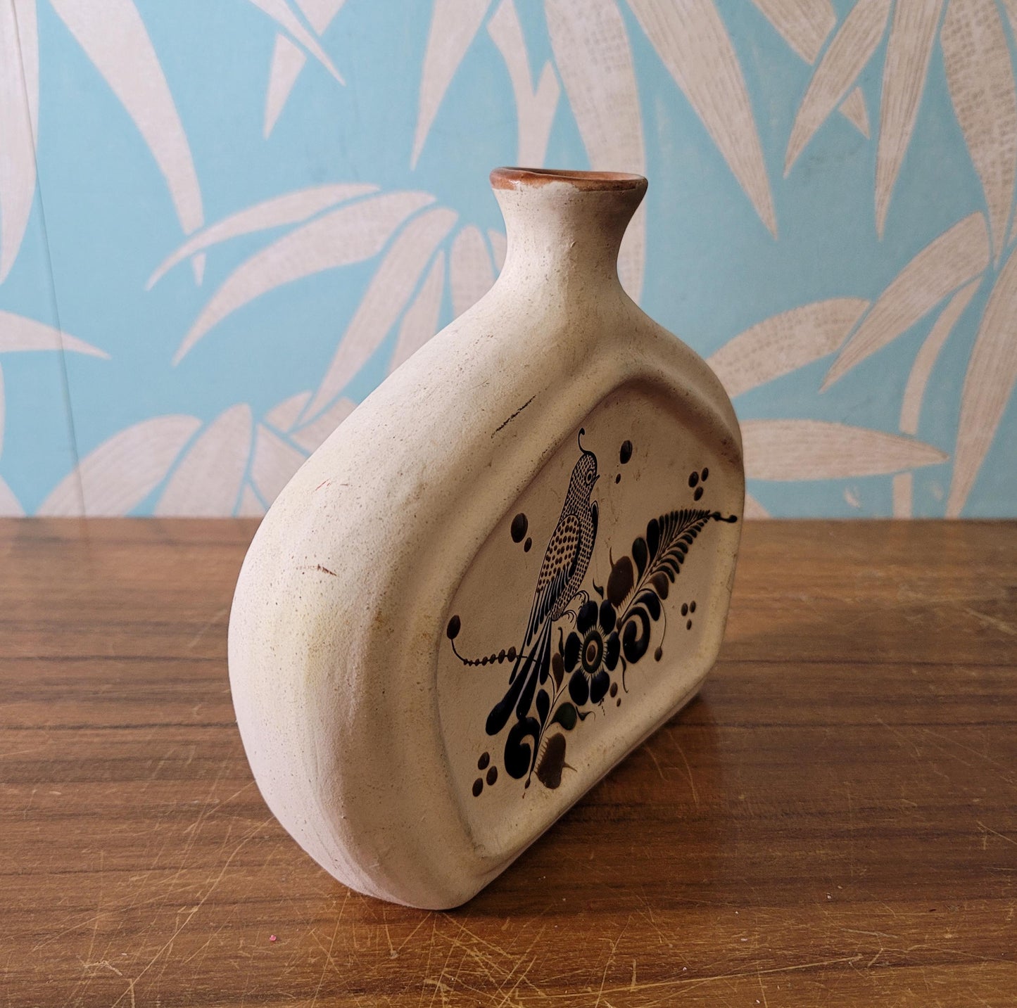 Vintage Mexican Tonala handpainted stoneware vase, signed MEX/M