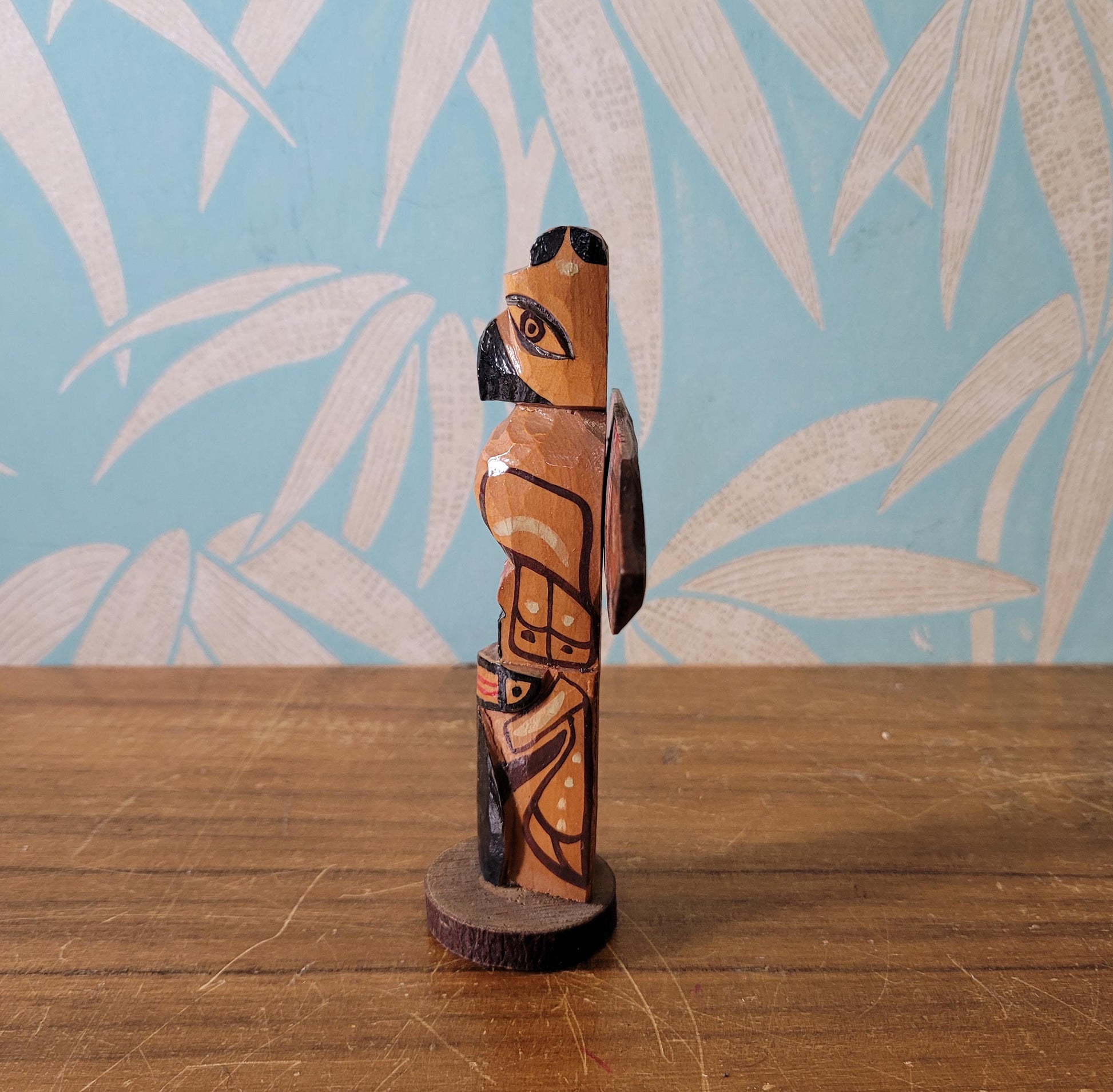 Vintage handcrafted wooden totem by Nuu-chah-nulth artist, Stan James