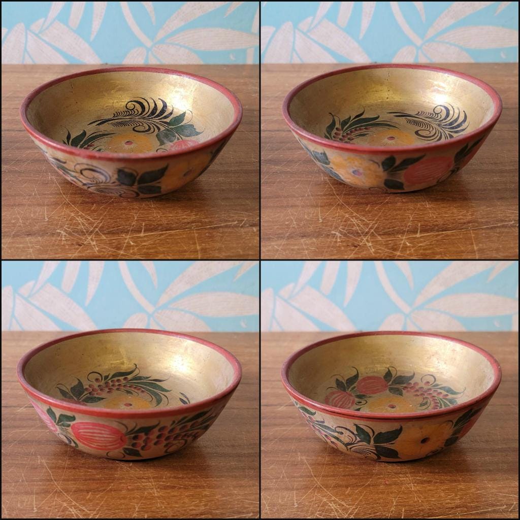 Vintage Russian Khokhloma handpainted folk art bowl, & matching lidded pot