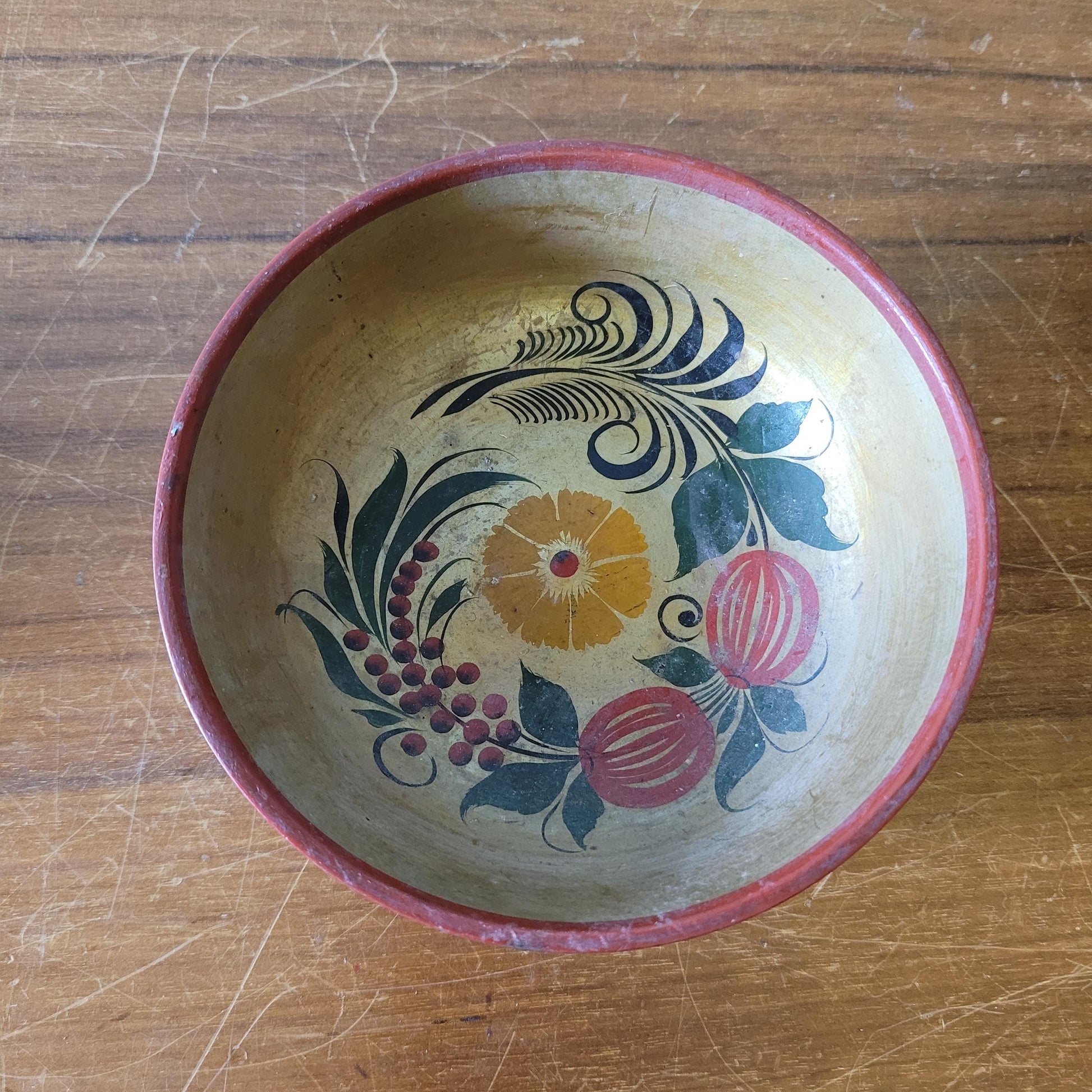 Vintage Russian Khokhloma handpainted folk art bowl, & matching lidded pot