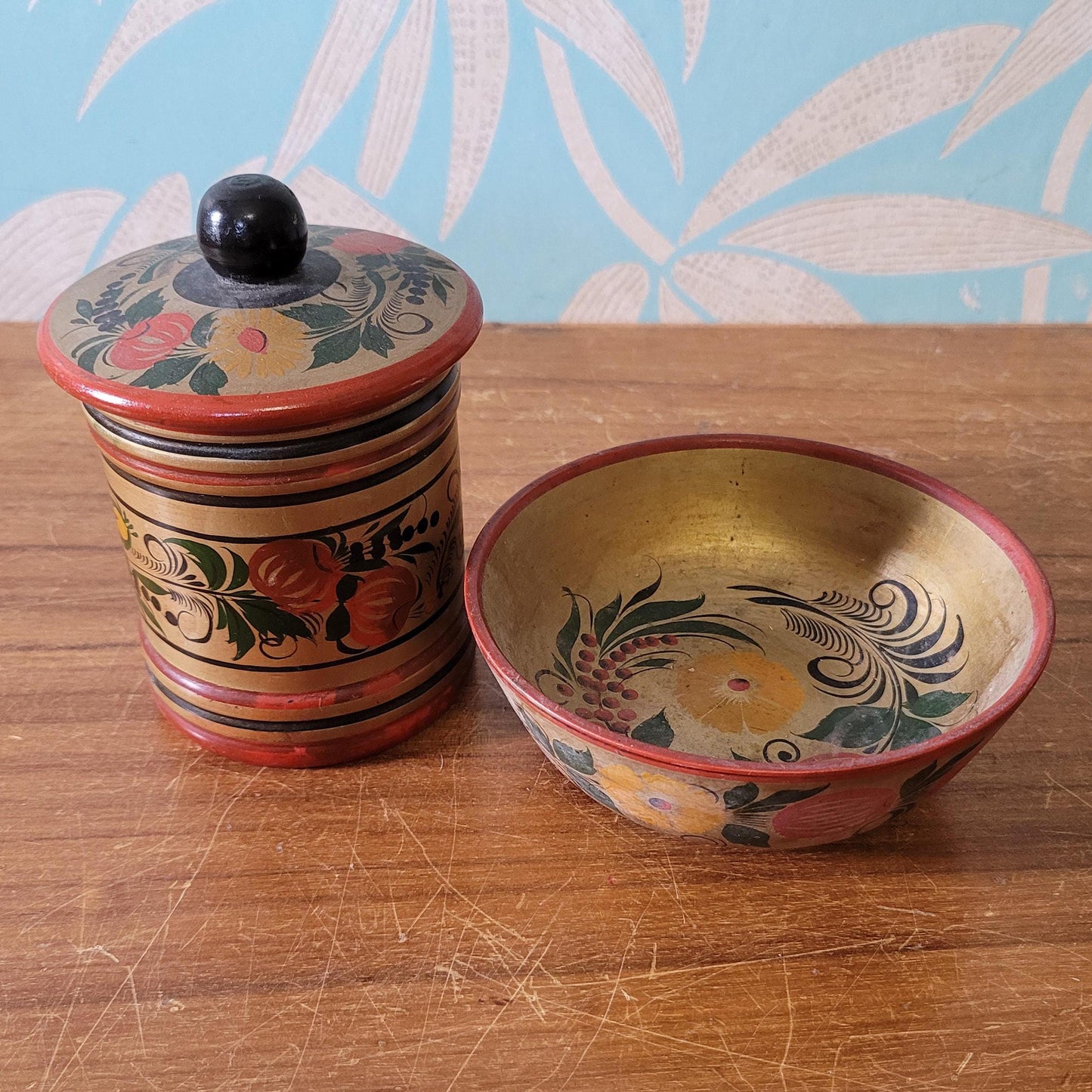 Vintage Russian Khokhloma handpainted folk art bowl, & matching lidded pot