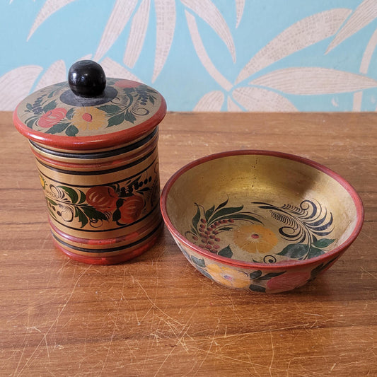 Vintage Russian Khokhloma handpainted folk art bowl, & matching lidded pot